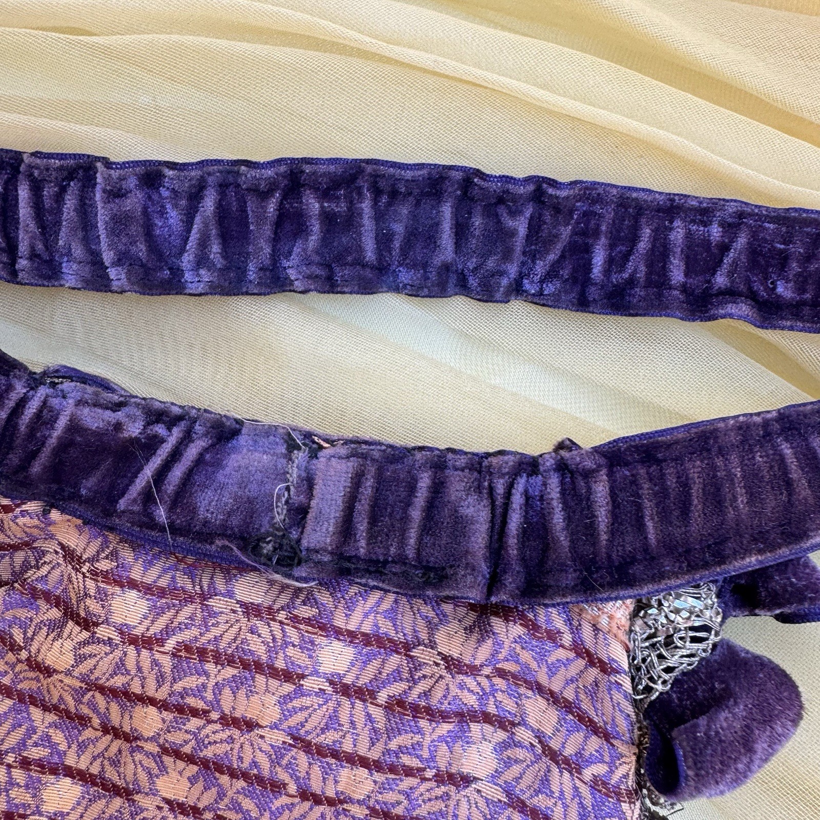 Antique 19th C Purple Lamé Garter Velvet Bow Orange Lingerie Secret Pouch VTG