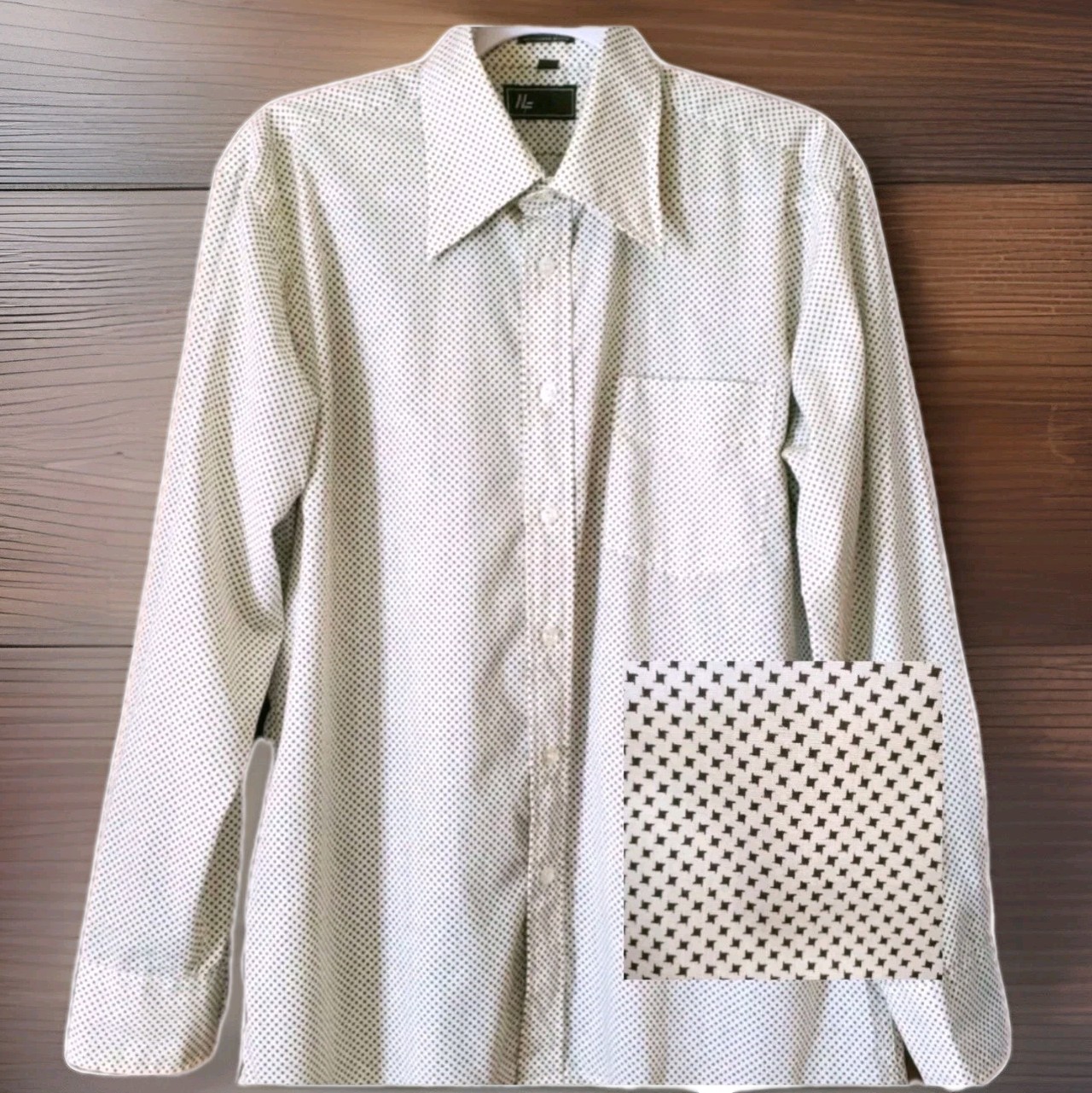 80s BLK Mini Polka Dot Pinwheel Dress Suit Shirt Mens L-XL 16.5-34/35 Vtg NF EUC