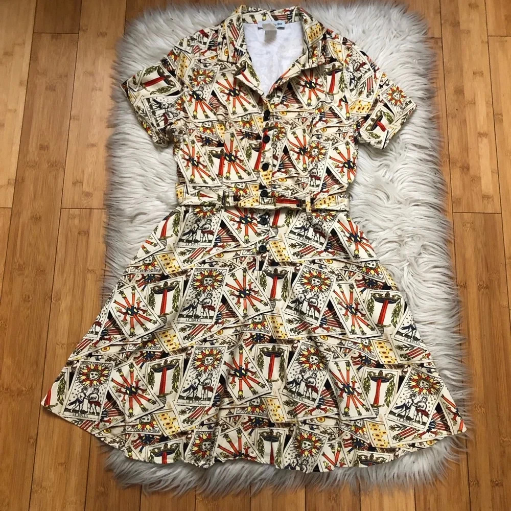Vintage Eva Rose Retro Novelty Tarot Print Belted Fit Flare Mini Dress size M/L