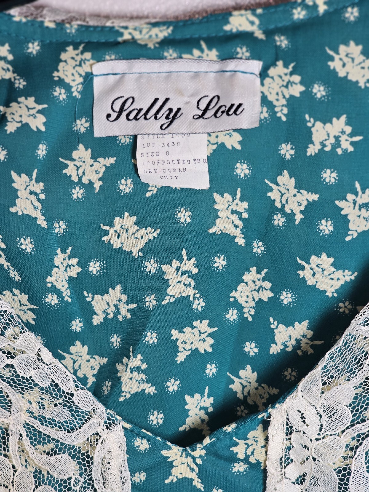Vintage SALLY LOU 80s Floral Lace Top Dress Green White Women’s Sz 8 Made In USA