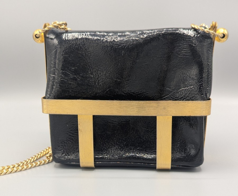 Vintage Rosenfeld Black Vinyl Purse with Gold Toned Cage Shell – Made in France