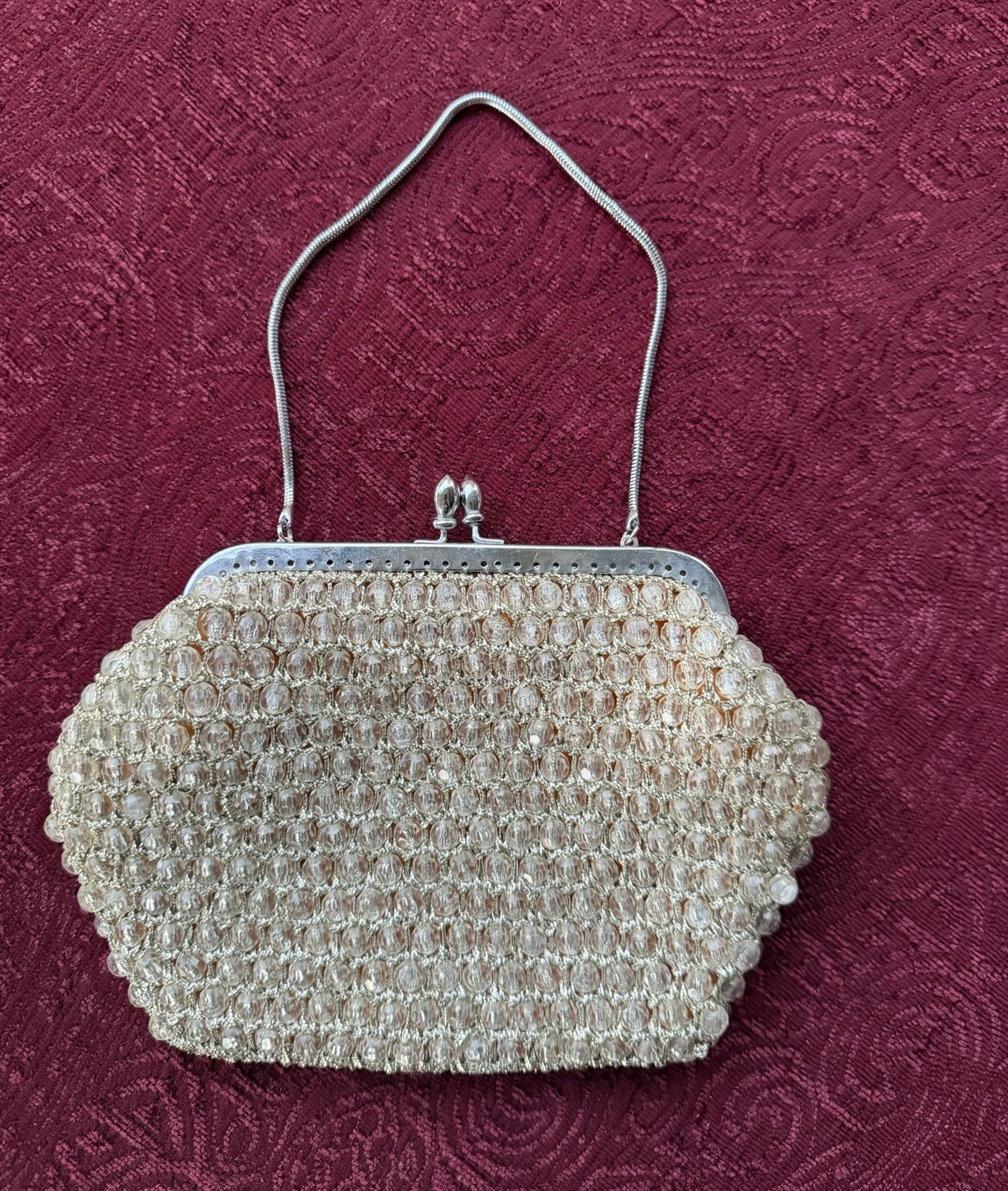 Vintage 1950s 1960s Clear Beaded Kiss Lock Clutch Purse Mid Century Evening Bag