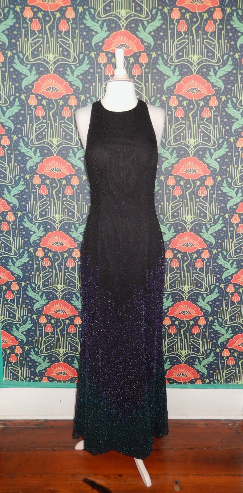 Vintage 90’s Y2K Cassandra Stone Glam Black Blue Beaded Silk Prom Formal Dress