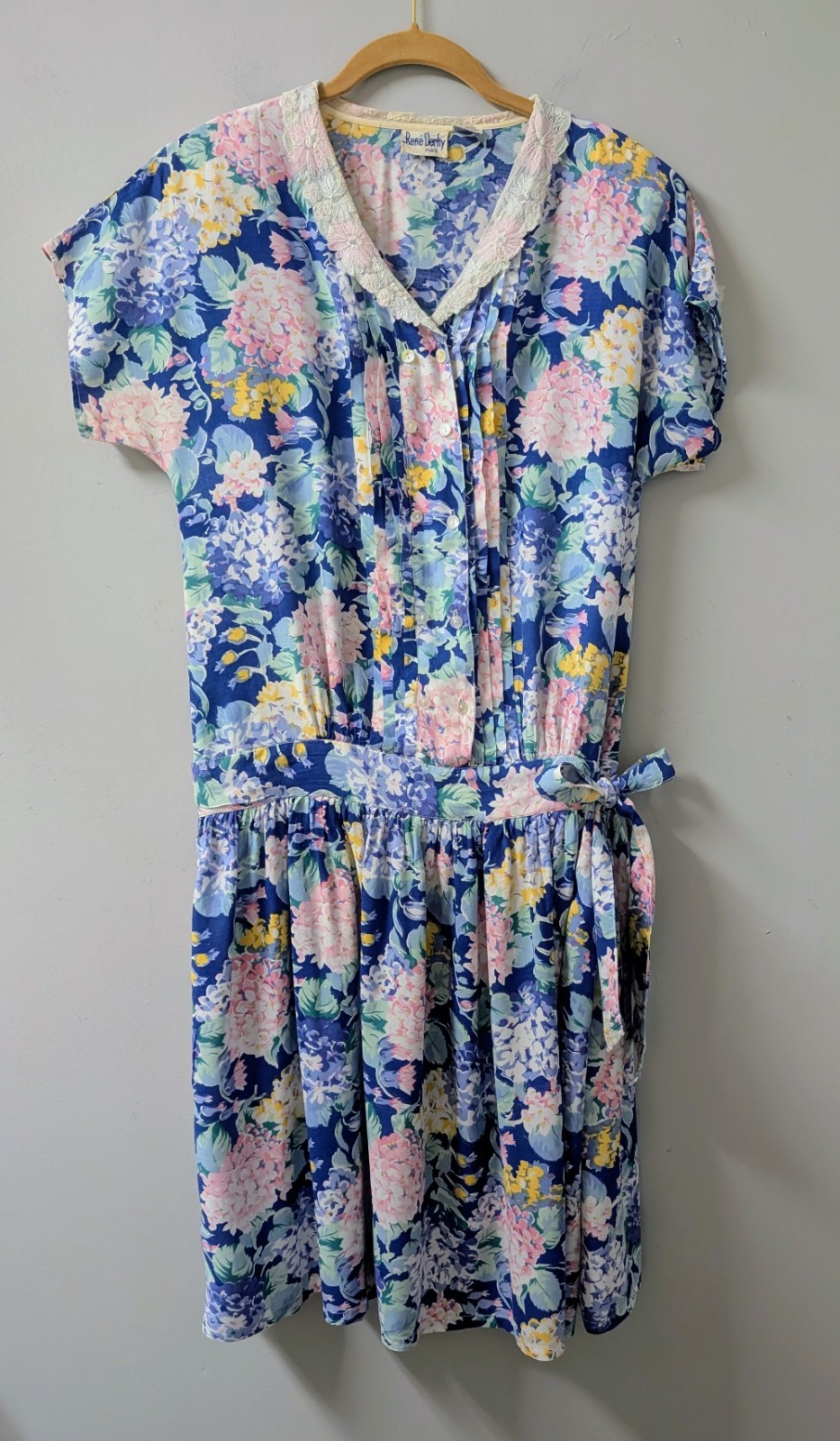 Vintage 80’s Rene Derhy Paris Floral Drop Waist Tie Dress Pintucks M