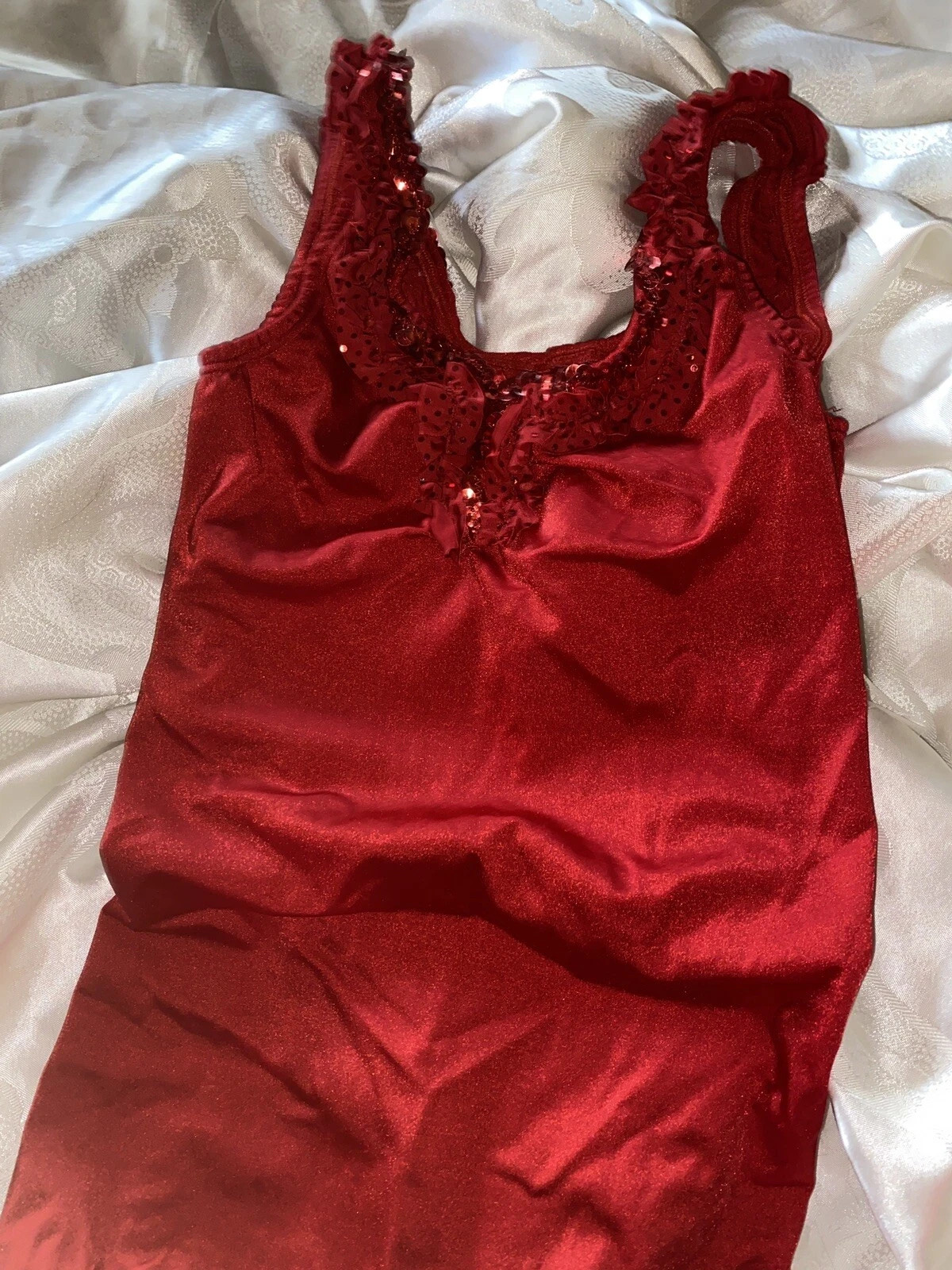 VTG SATIN SHINY LEOTARD BATHING SUIT EITHER GLAM BOMBSHELL AVANT FRILL S 32/34