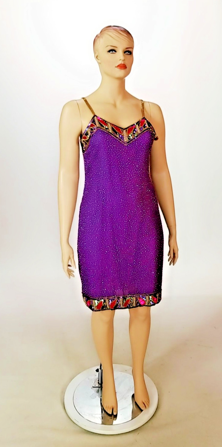 Vintage 90s Purple Beaded Sequin Silk Party Dress with jacket sz 18