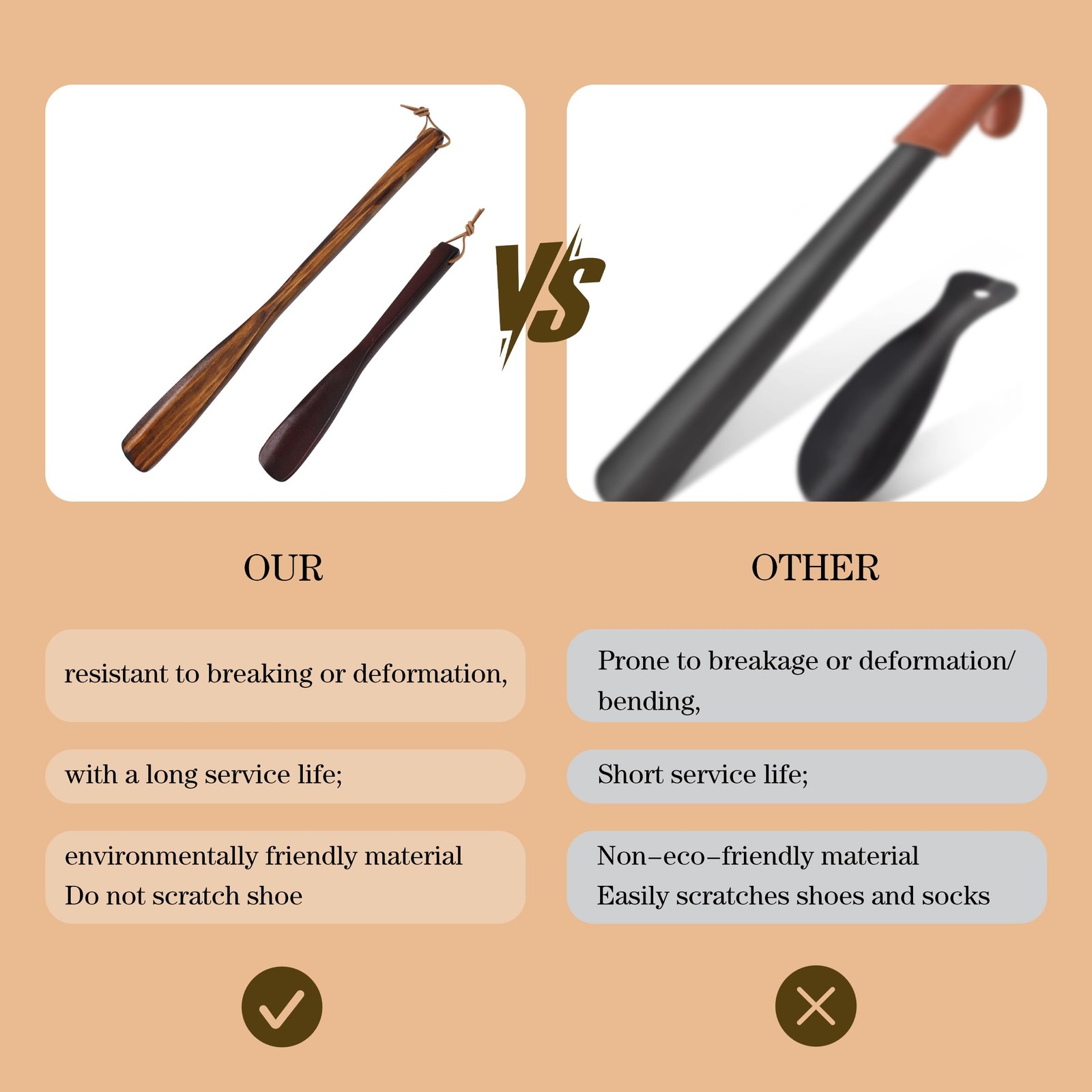 2 PCS Set 15″ Long & 9.7″ Short Wooden Shoe Horn Boot Helper Brown Wine