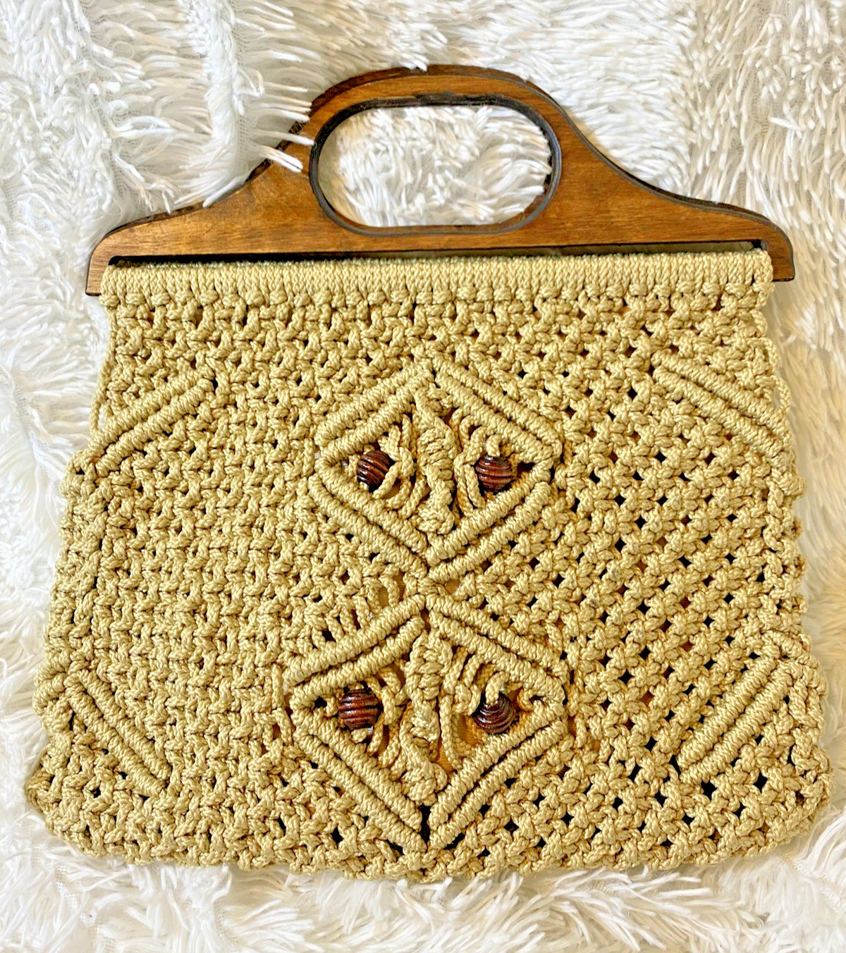 VINTAGE Macrame Purse Beige Wooden Beads Handle Handmade Lined Clutch BOHO
