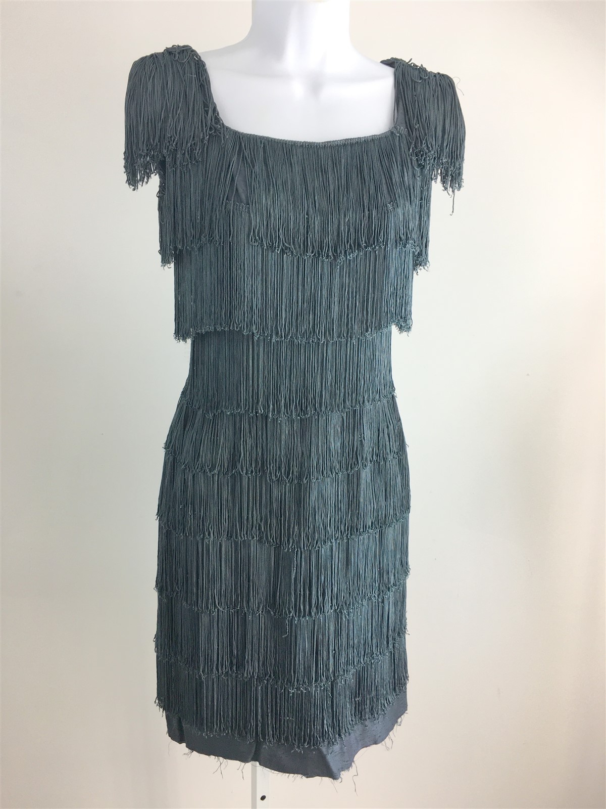 Vintage 20’s Style Fringe Flapper Dress Gray Low Back Sleeveless B-32″W-23″ XS-S