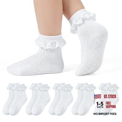 5 Pairs Toddler Girls Lace Trim Ruffle Socks Non-Slip 4-6 Years White 5 Pairs