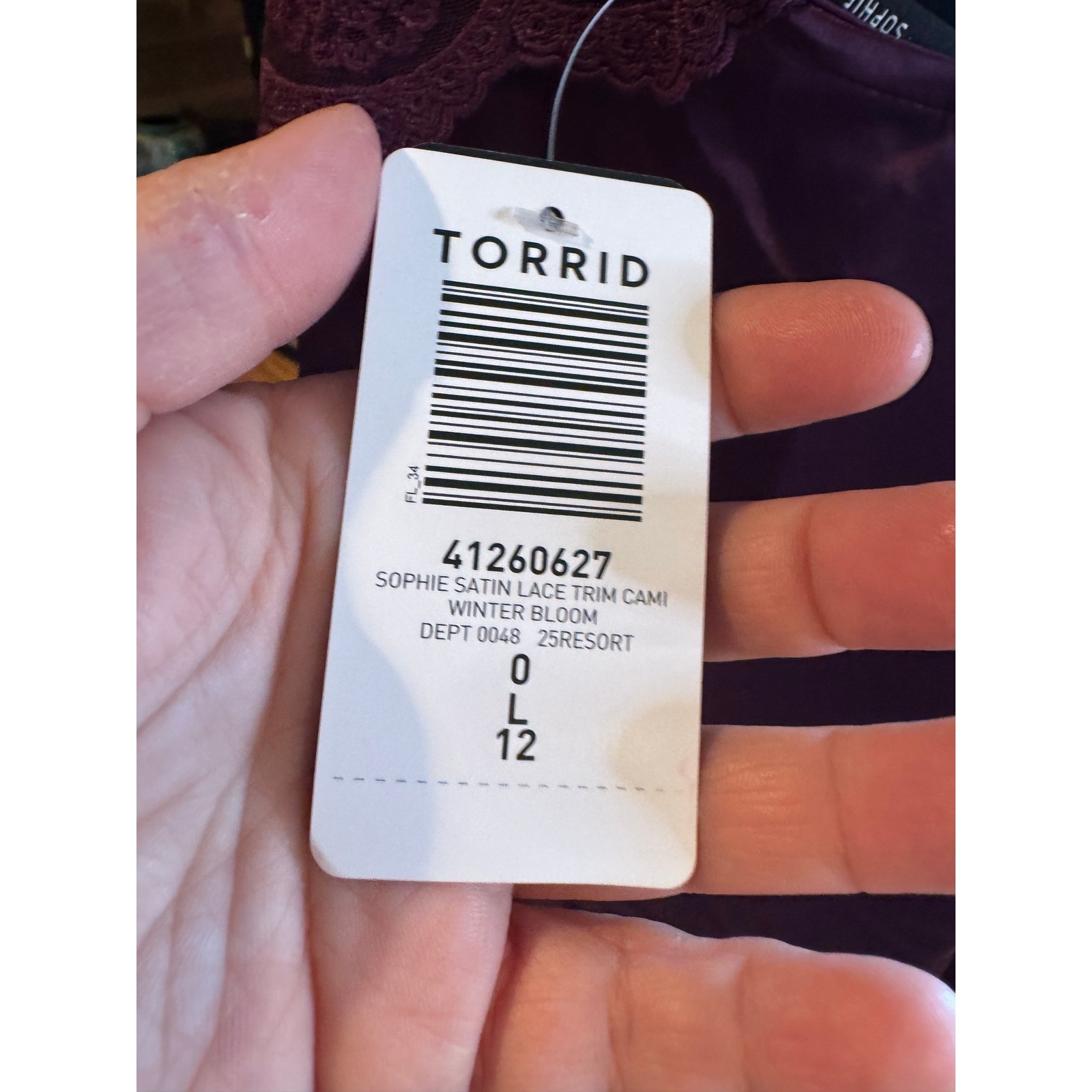 NWT Torrid Sophie Satin Lace Trim Cami Deep Plum Purple Size 0 Large
