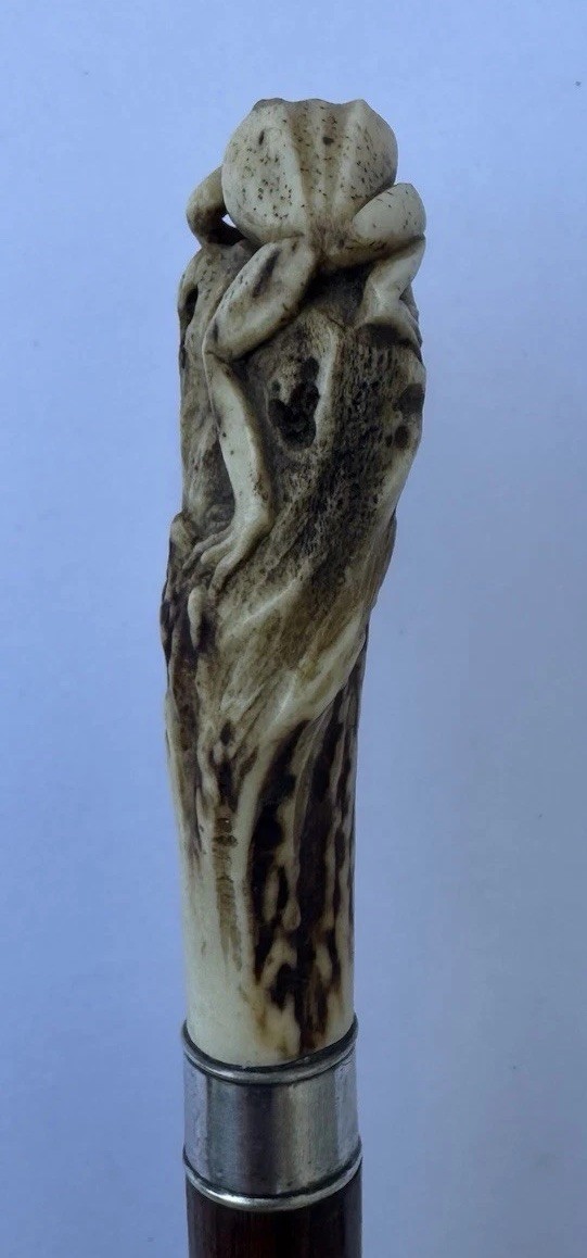 FINE MEIJI PERIOD JAPANESE HAND CARVED FROG ANTIQUE ROSEWOOD WALKING CANE STICK