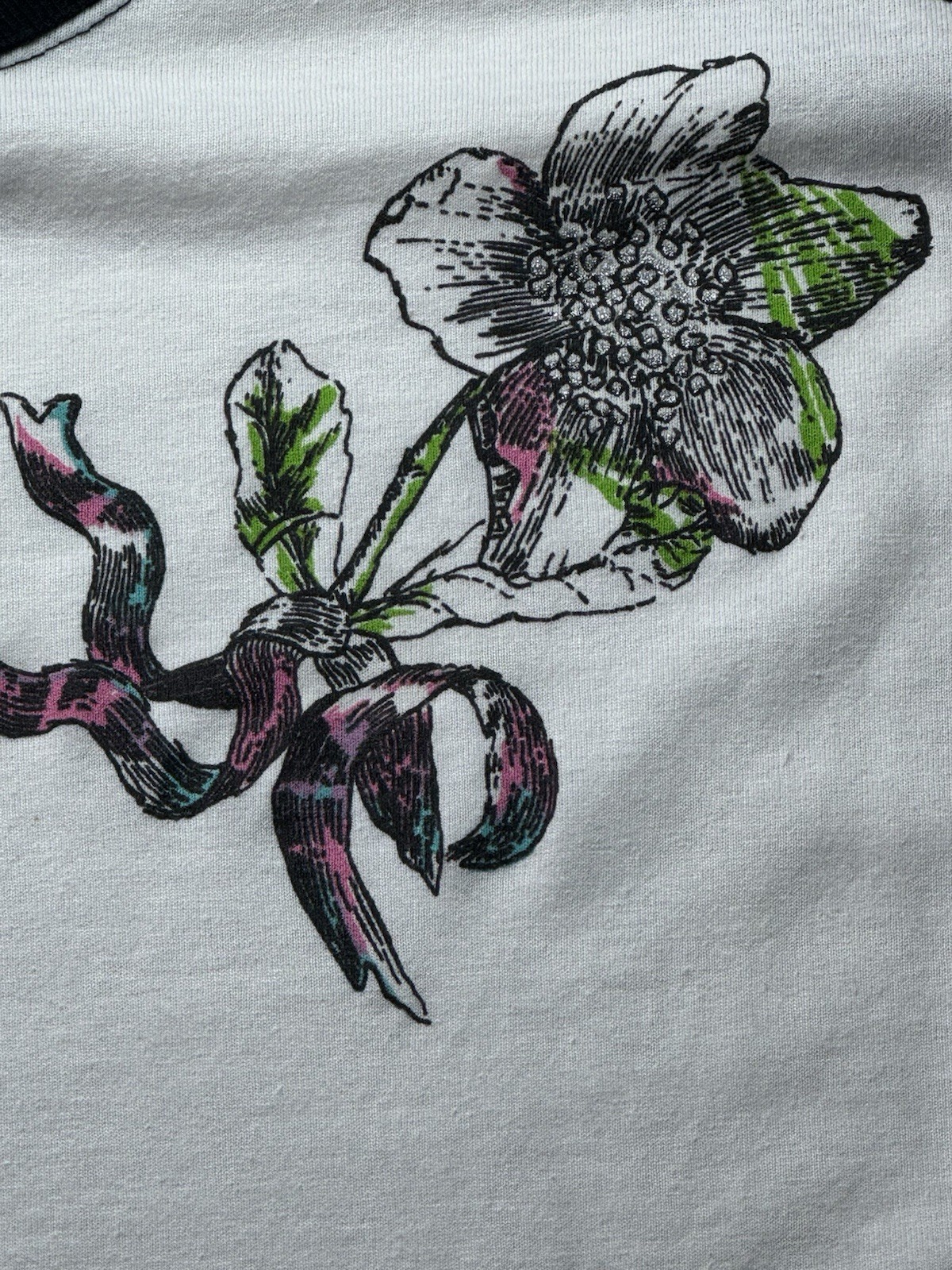 Vintage 80’s Additions By Ronnie White T-shirt Black Raglan Floral Graphic SS