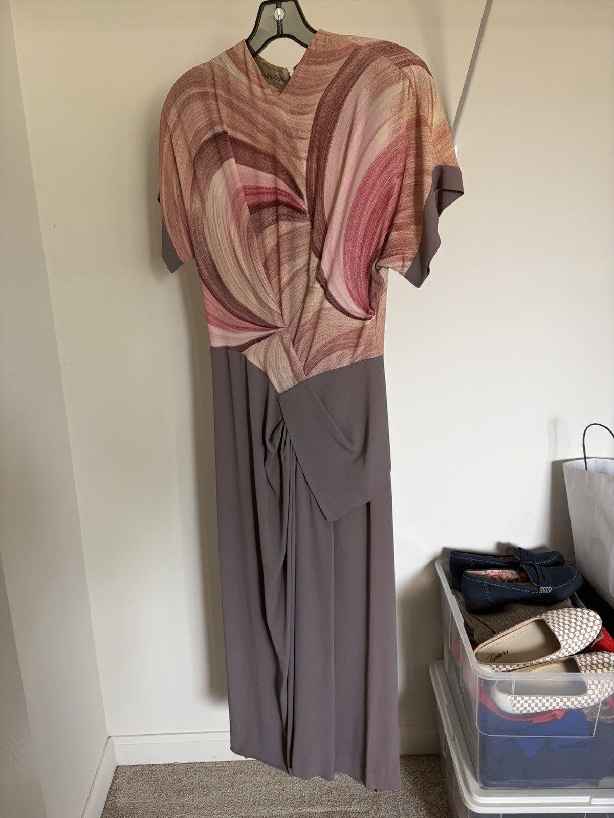 Vintage Dorothy O’Hara California Draped Maxi Dress Abstract Swirl Retro