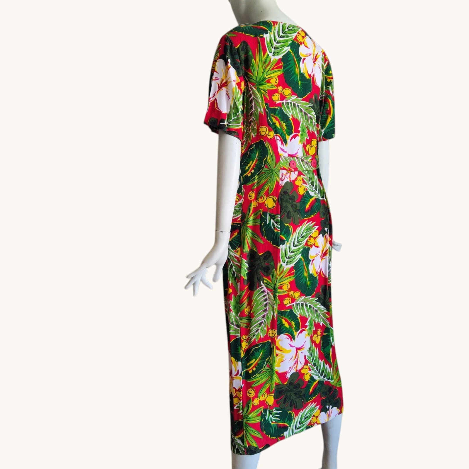 Vtg 90s Carol Anderson Tropical Floral Hibiscus Back Belt Maxi Rayon Dress L