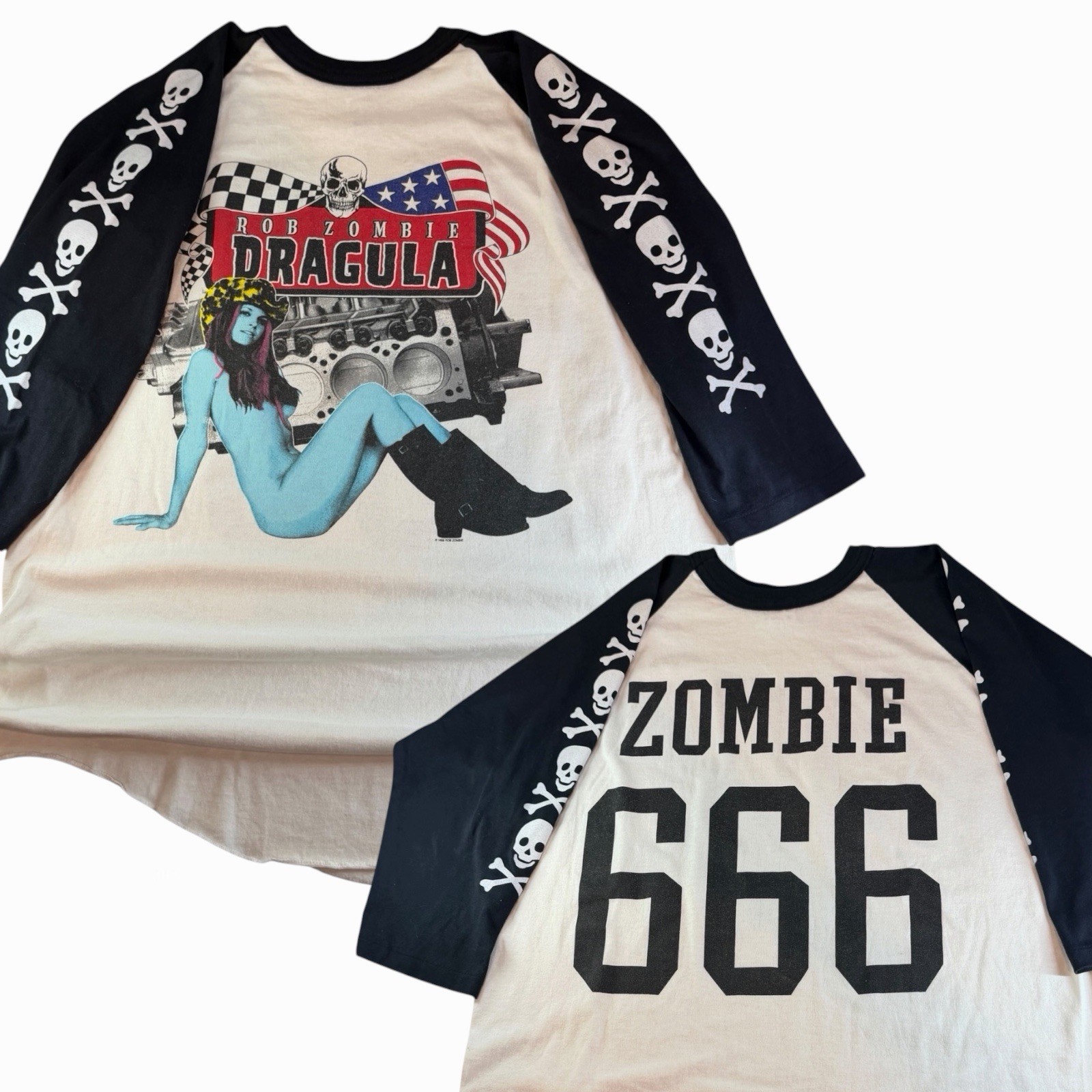 Vintage 1999 Rob Zombie Dragula 666 3/4 Sleeve Raglan T-Shirt Size XL 23”x32”