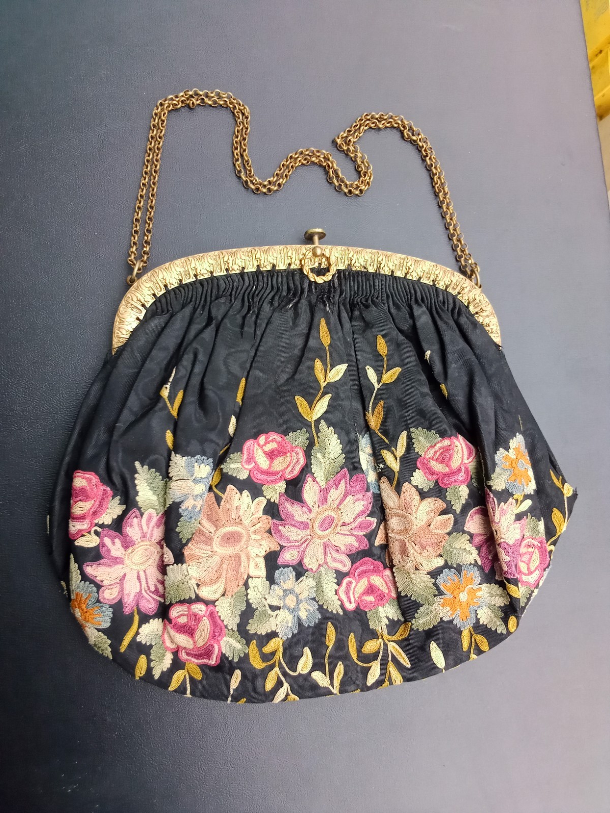 Antique Vintage Embroidery French Black Floral Point Beauvais Purse Bag FRANCE