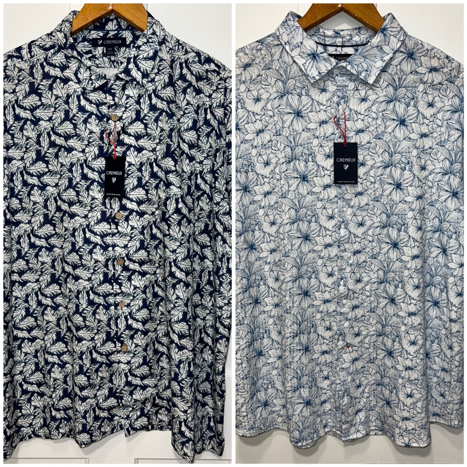 Lot of 2 NEW Cremieux Mens XXL Blue White Floral Leaf Cotton Short Sleeve Shirt