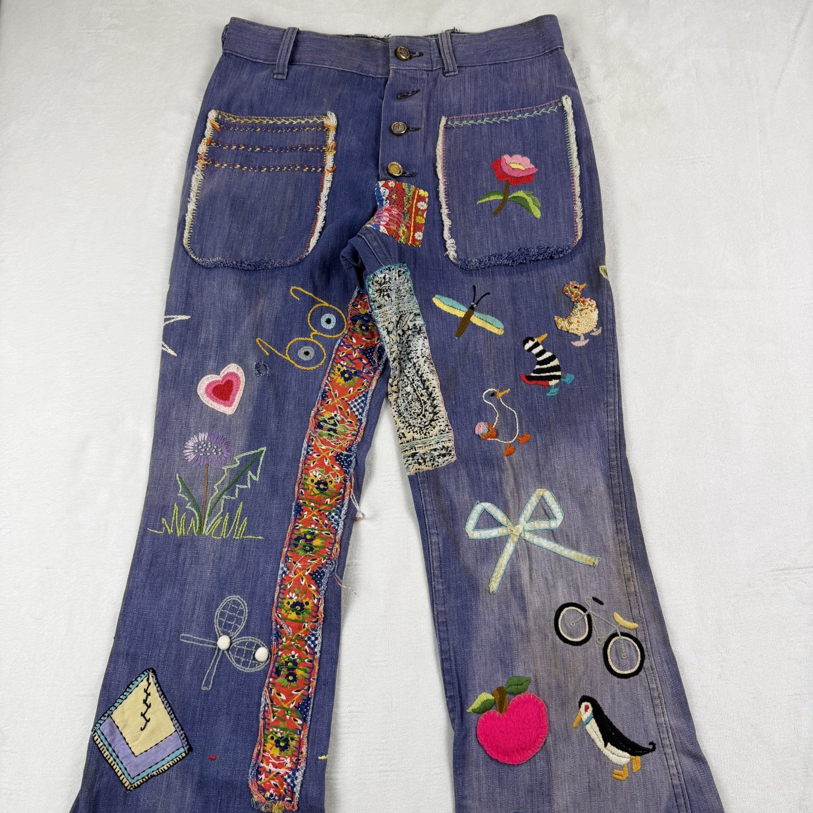 Vintage 60s/70s Flared Bell Bottom Patchwork Custom Hippie Jeans Denim 29×30