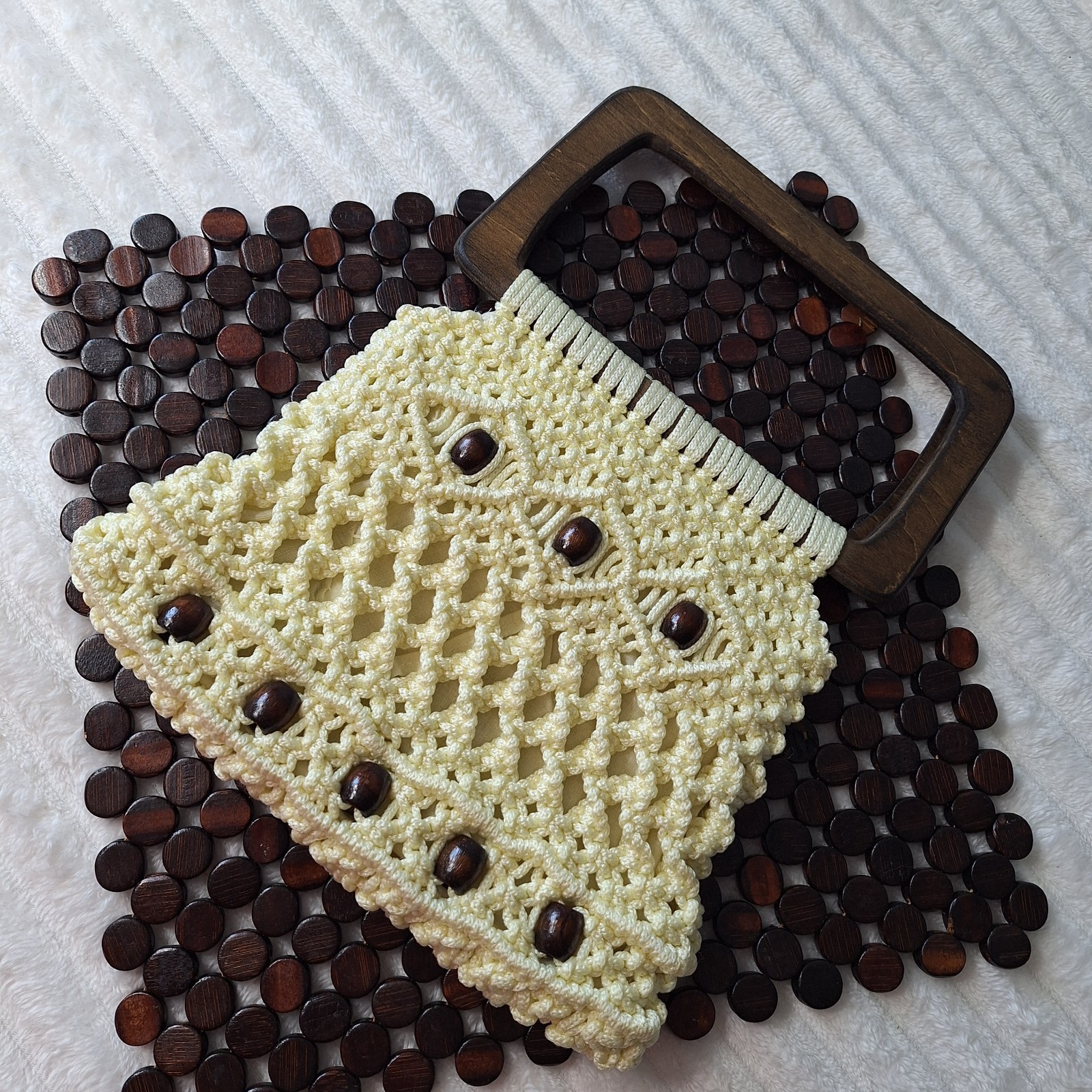 70’s Ivory BEADED Macrame Purse Bag Wooden Handle Mediterranean Boho Festival
