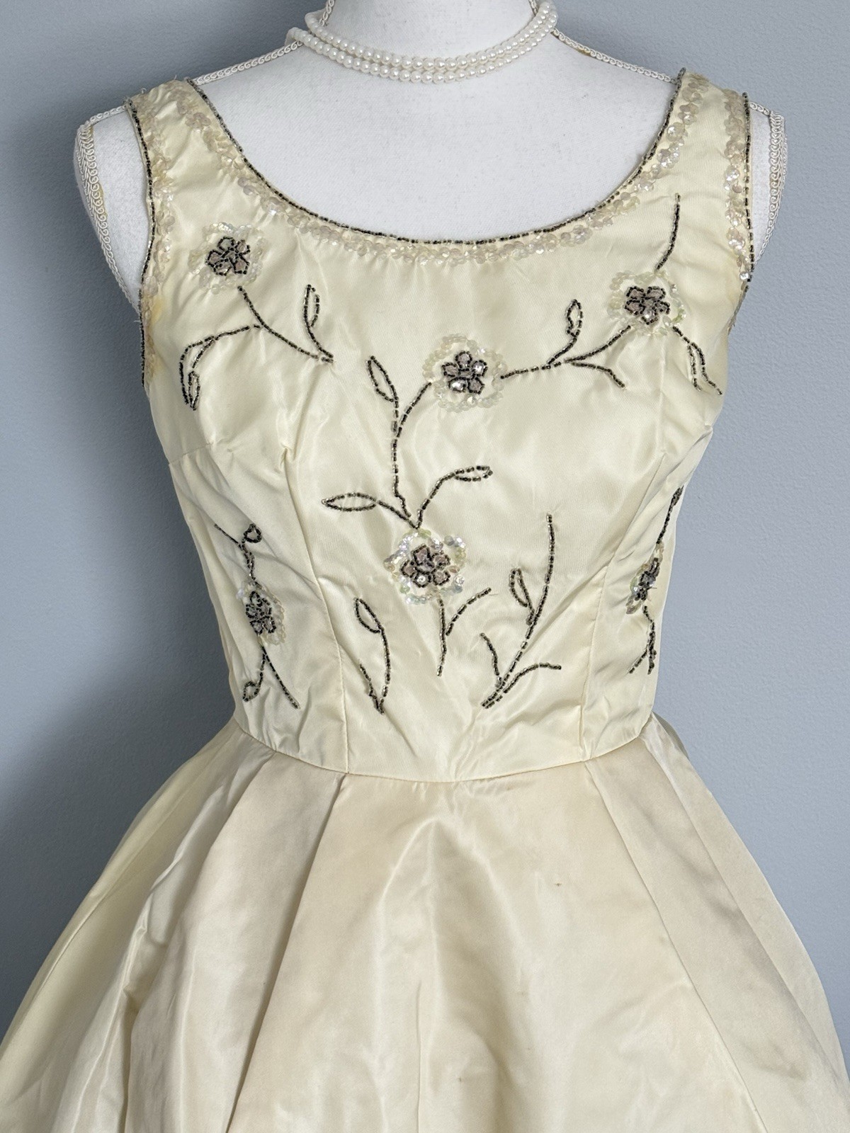 Vintage 1950s Bone Color Fit & Flair Beaded Dress X-SMALL