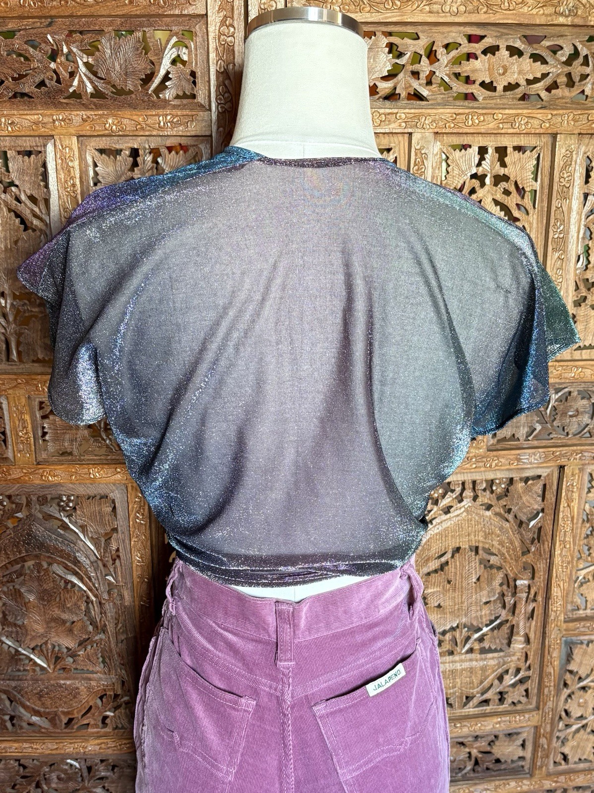 Vintage 70s Wrap Top Disco Silver Metallic Crop Top Sheer Purple Sparkle Shirt