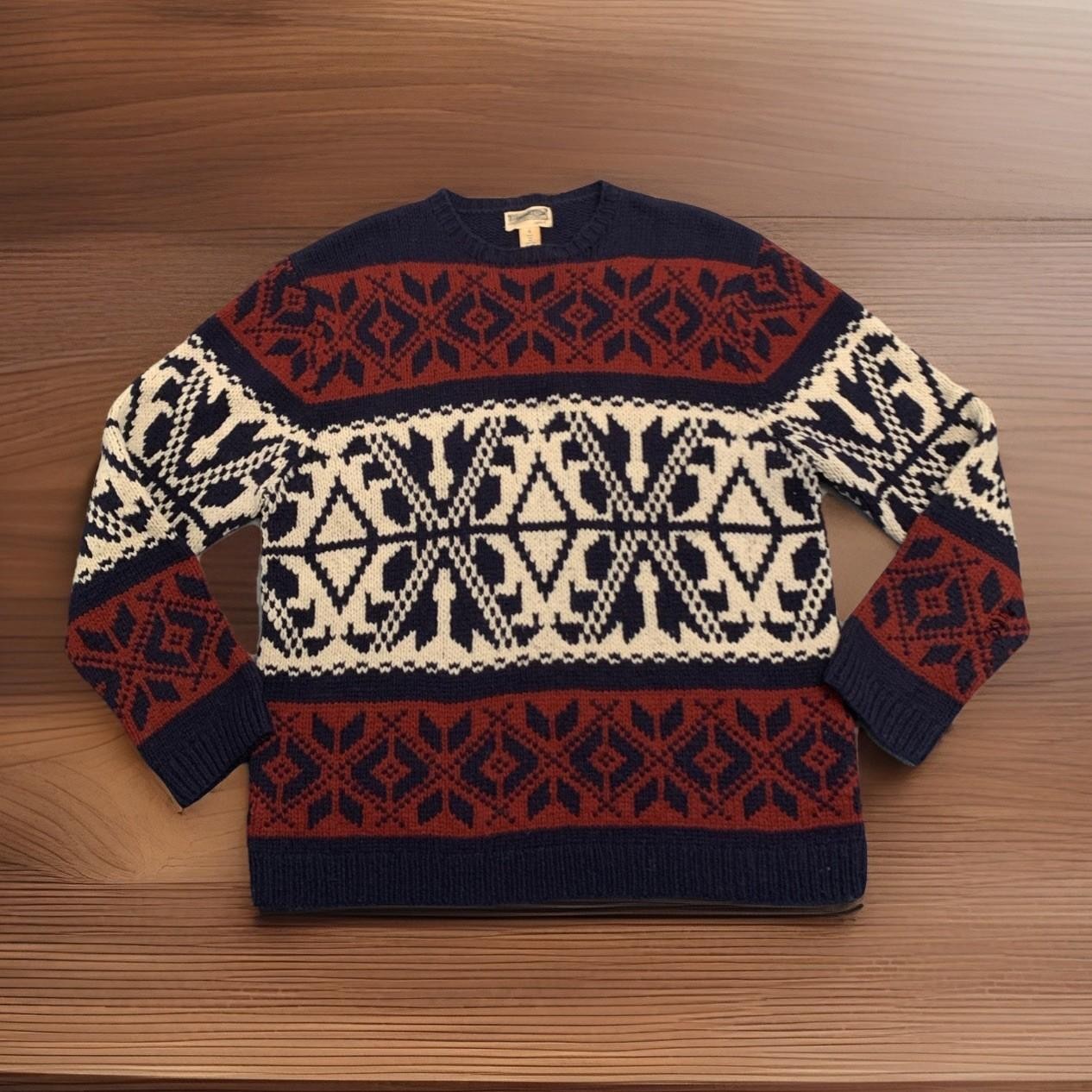 Vintage American Eagle Lambswool Sweater Chunky Knit Fair Isle Blue Red Nordic