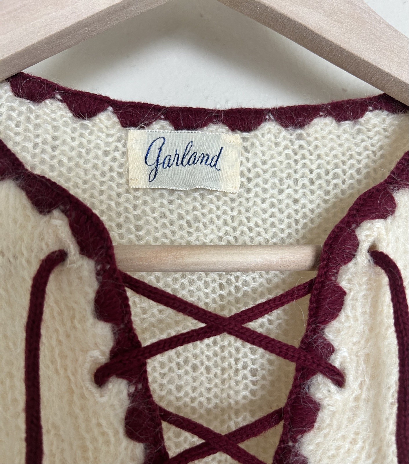 Vintage c1960s Garland beige Mohair Mod Lace Up Front Sweater maroon accents