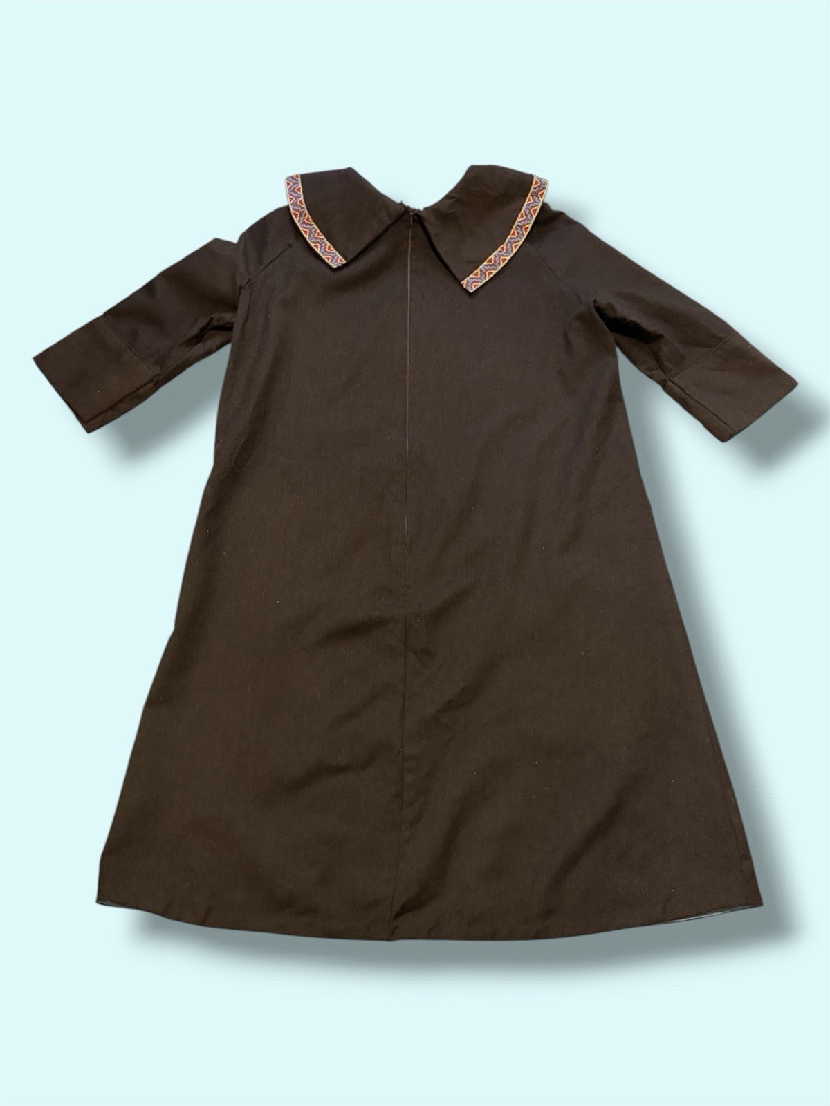 Vintage 1960s Brown Shift Dress Wool Blend 60s Embroidered Shawl Collar Mod