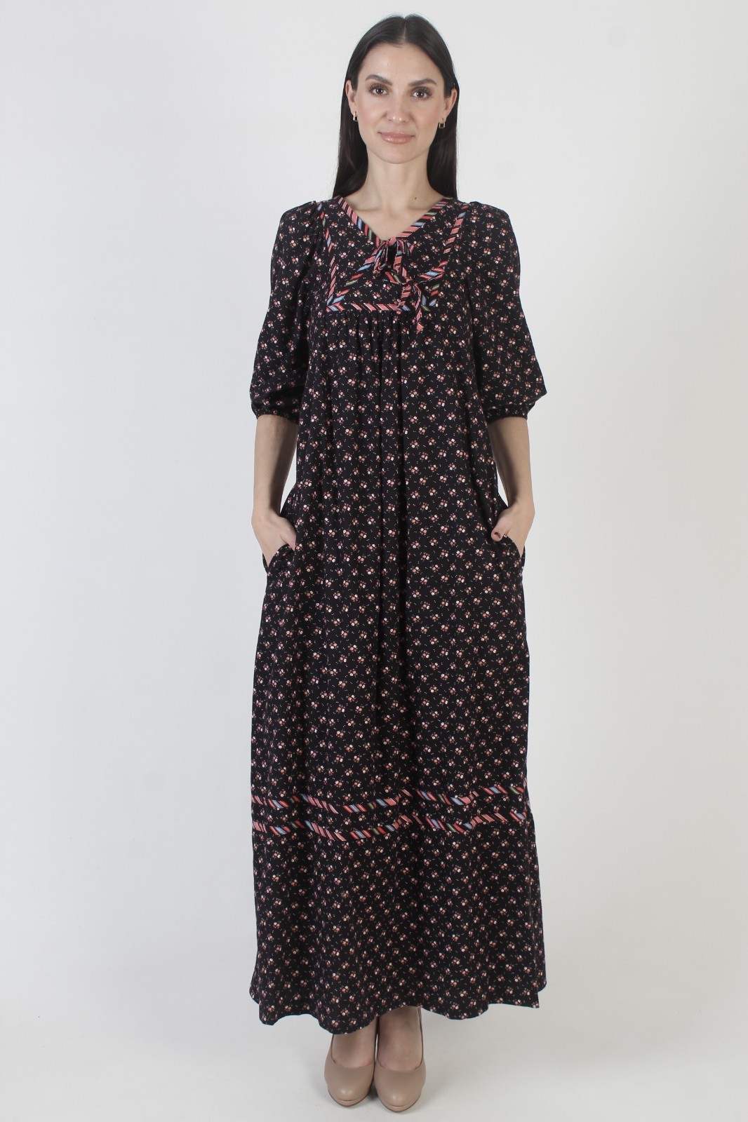 Vintage 70s Black Calico Dress Long Prairie Peasant Boho Wedding Pockets Kaftan