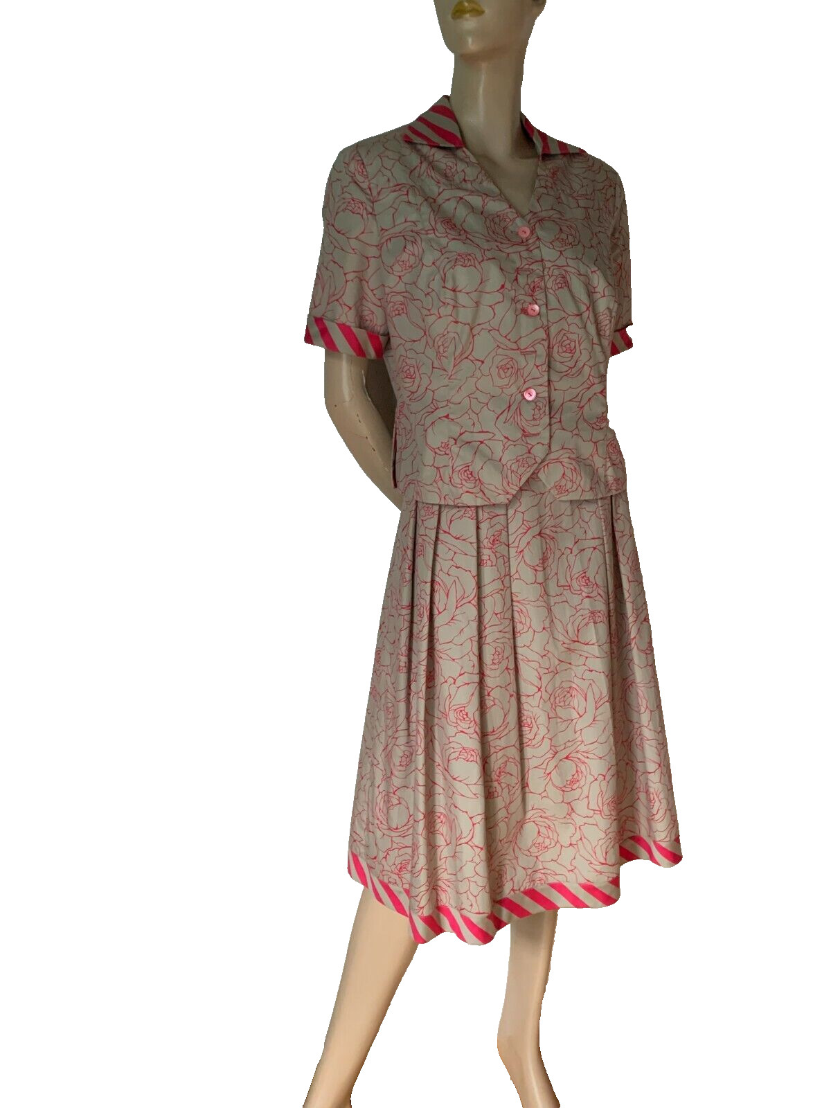Vintage Fancy Dress 60s Handmade Cotton Roses Spencer Pleated Skirt 38 40