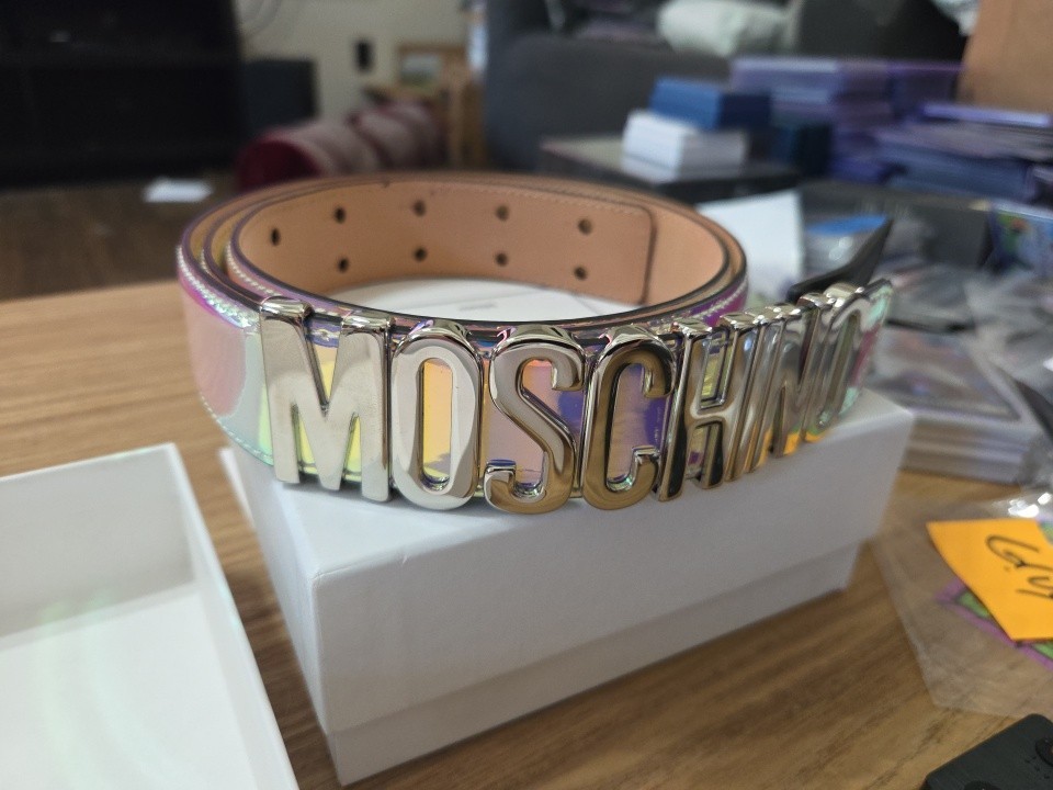 Moschino Couture Logo Silver Lettering Iridescent Belt Size 58 Z2 A8023