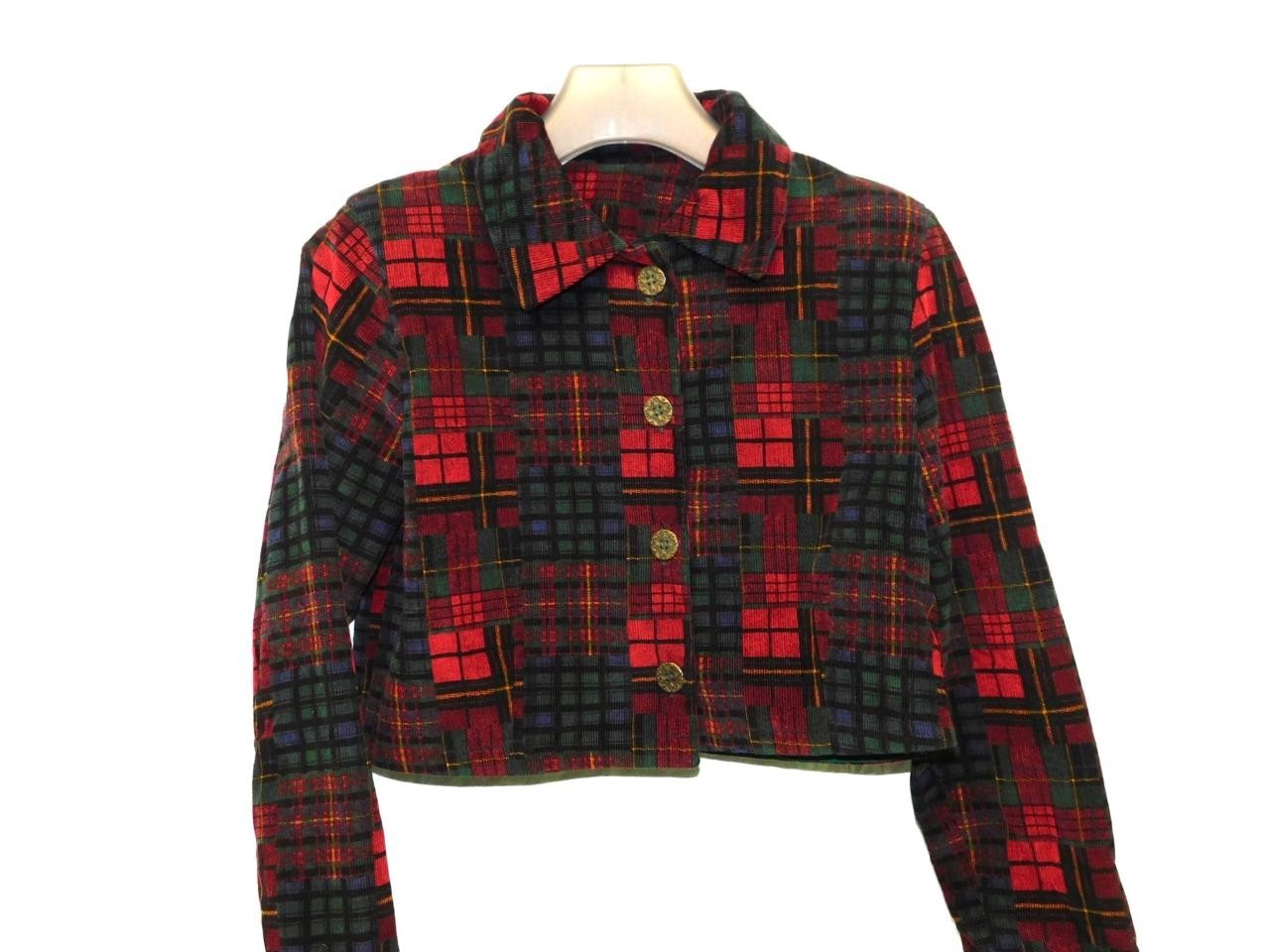 Vintage XS S Red Tartan Plaid Cordurouy Cropped Blazer Shirt Jacket Button Front