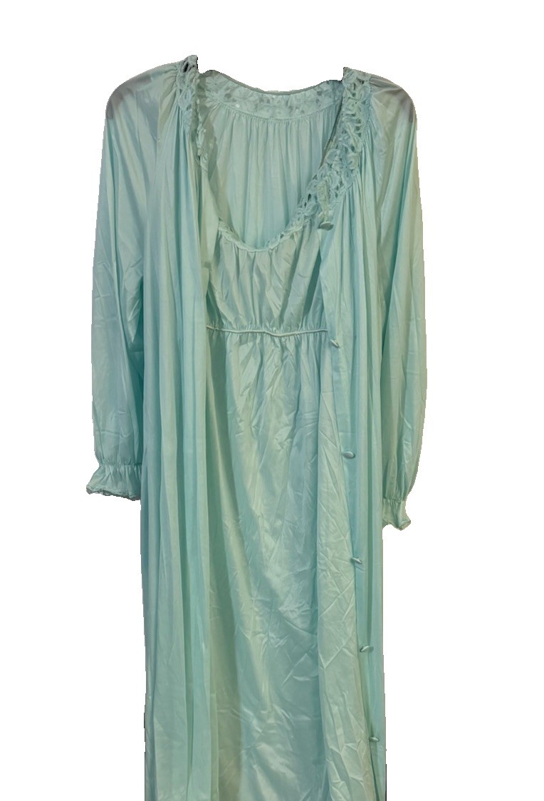 Vanity Fair Teal Gown, Button Up Robe Size Small And Slippers Teal Size 6.5-7.5