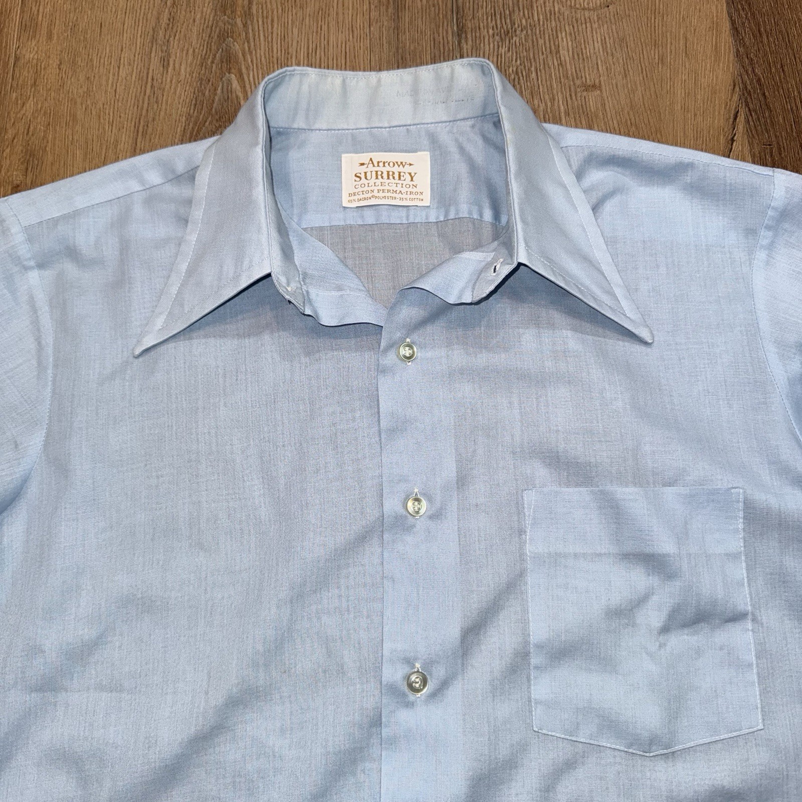 Vtg 60s 70s Arrow Dress Shirt Sanforized Light Blue Dagger Collar USA Mens Large