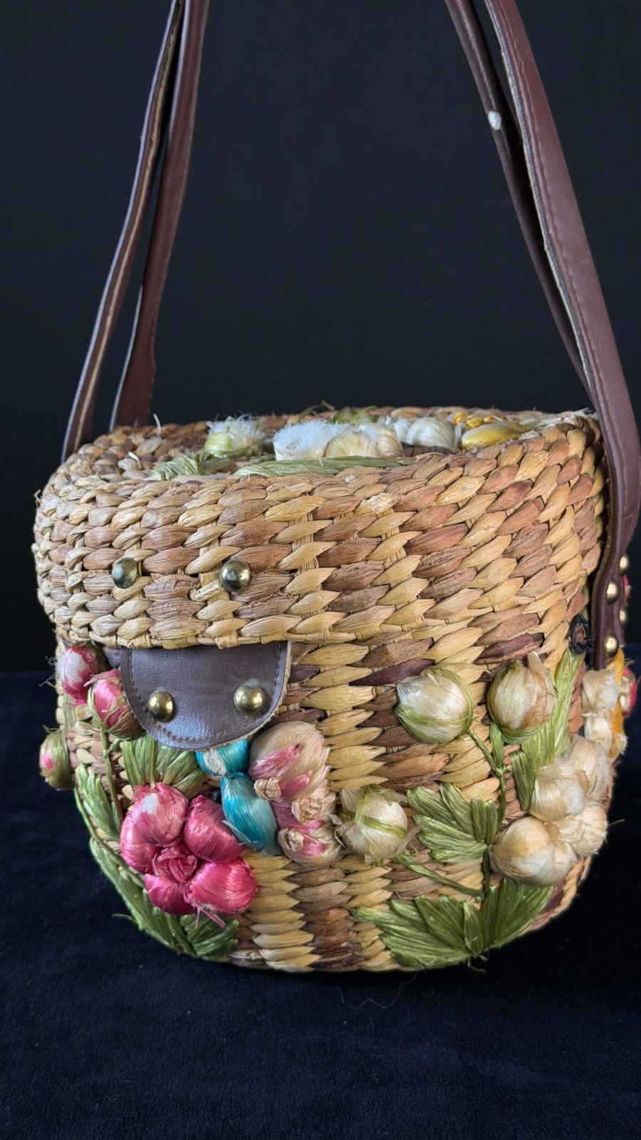 Vintage 1960s floral basket purse handbag embroidered round box tropical pink