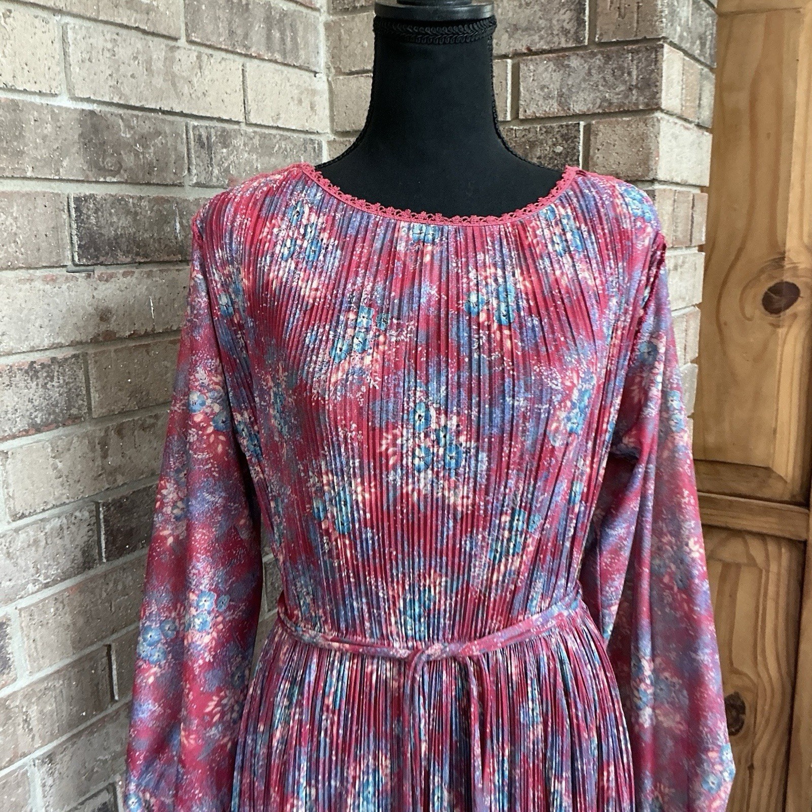 70s VTG Hal Ferman Floral Pleated Dress Belt ILGWU Union USA Made Size XS/S 28D7