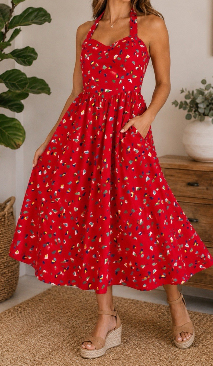 Vintage Lanz Original Red Cotton Confetti Midi Sundress Made USA 6 Terrazzo