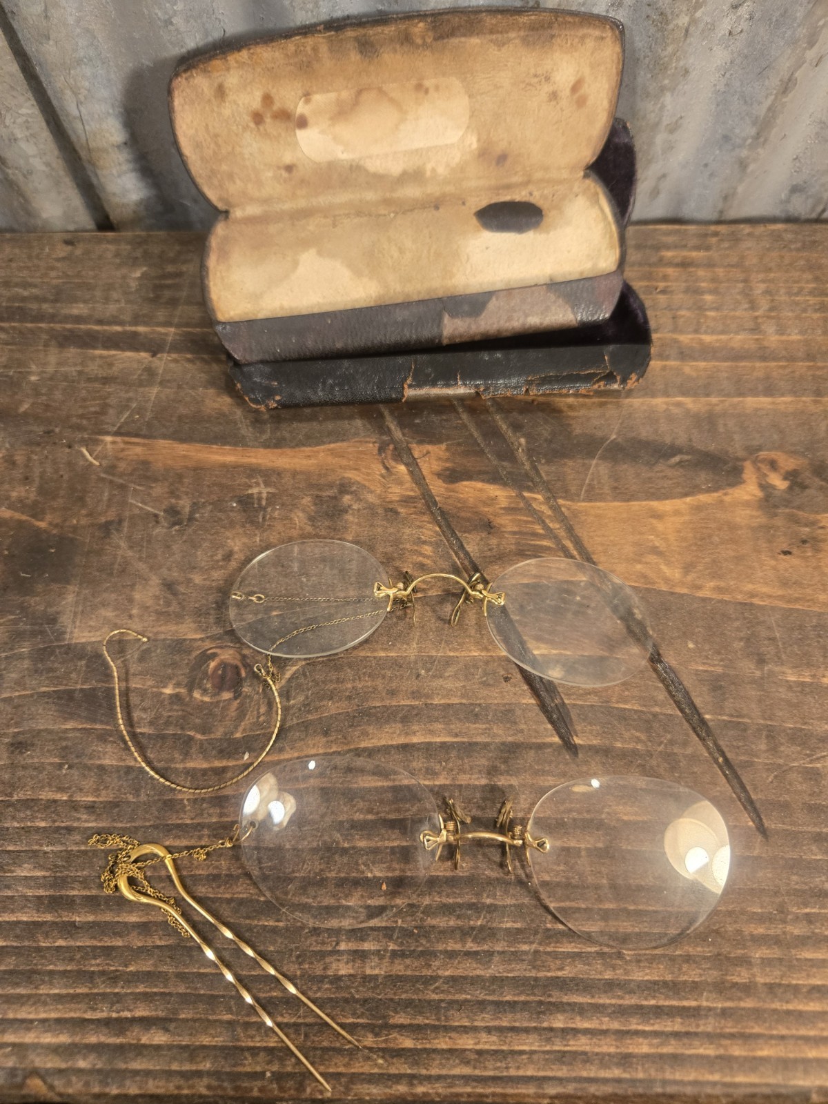 Antique Gold Filled 12 K Rimless Prince Nez Eyeglasses Chain Hair Pin Lot
