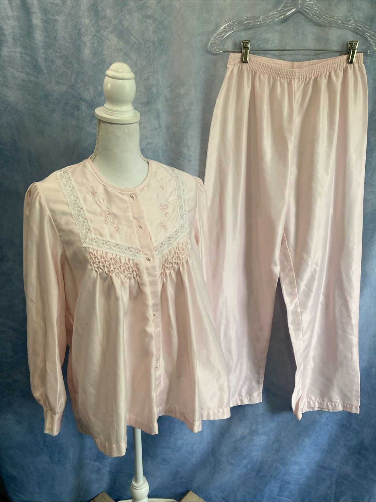 VTG 80s Barbizon Pink Pajama Set L Babydoll Top Pants Embroidered Lace Coquette