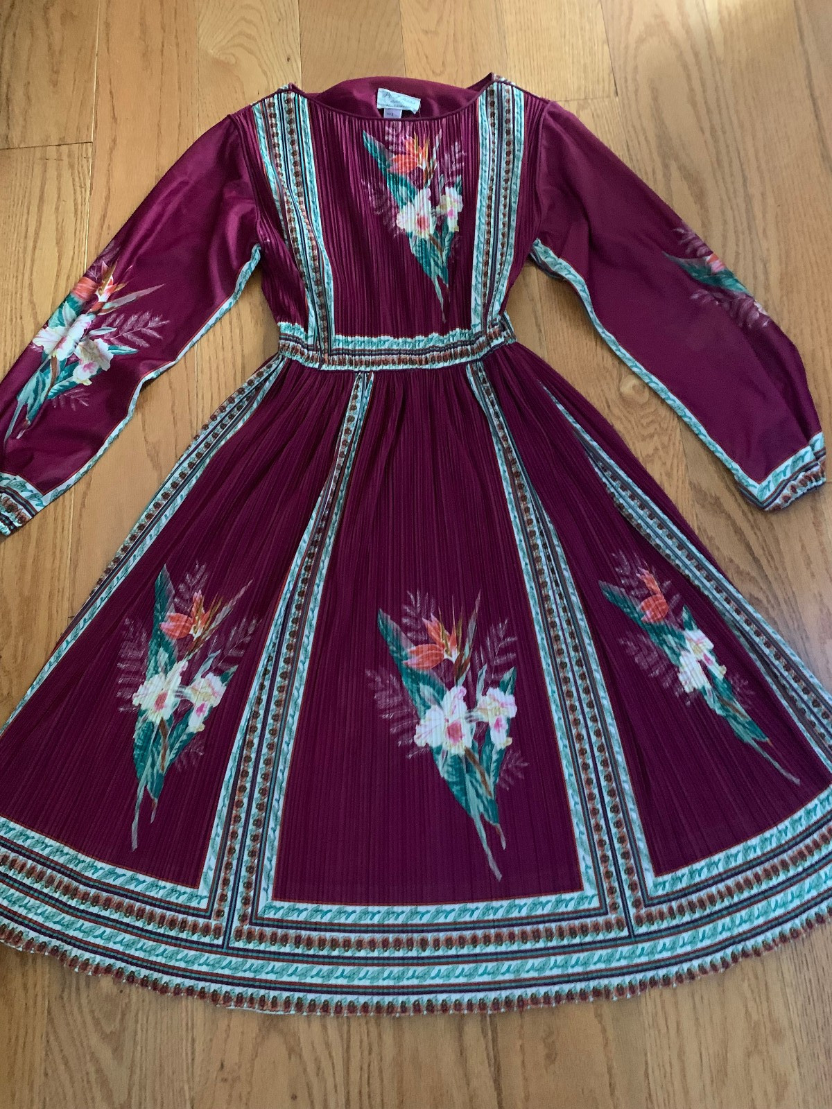 Vintage 70s Maroon Accordion Pleat Floral Sheer Party Hal Ferman Dress Size 8