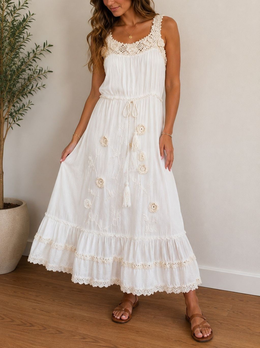 Vintage 70s Ivory White Crochet Floral Boho Sundress Fairycore Romanic Midi