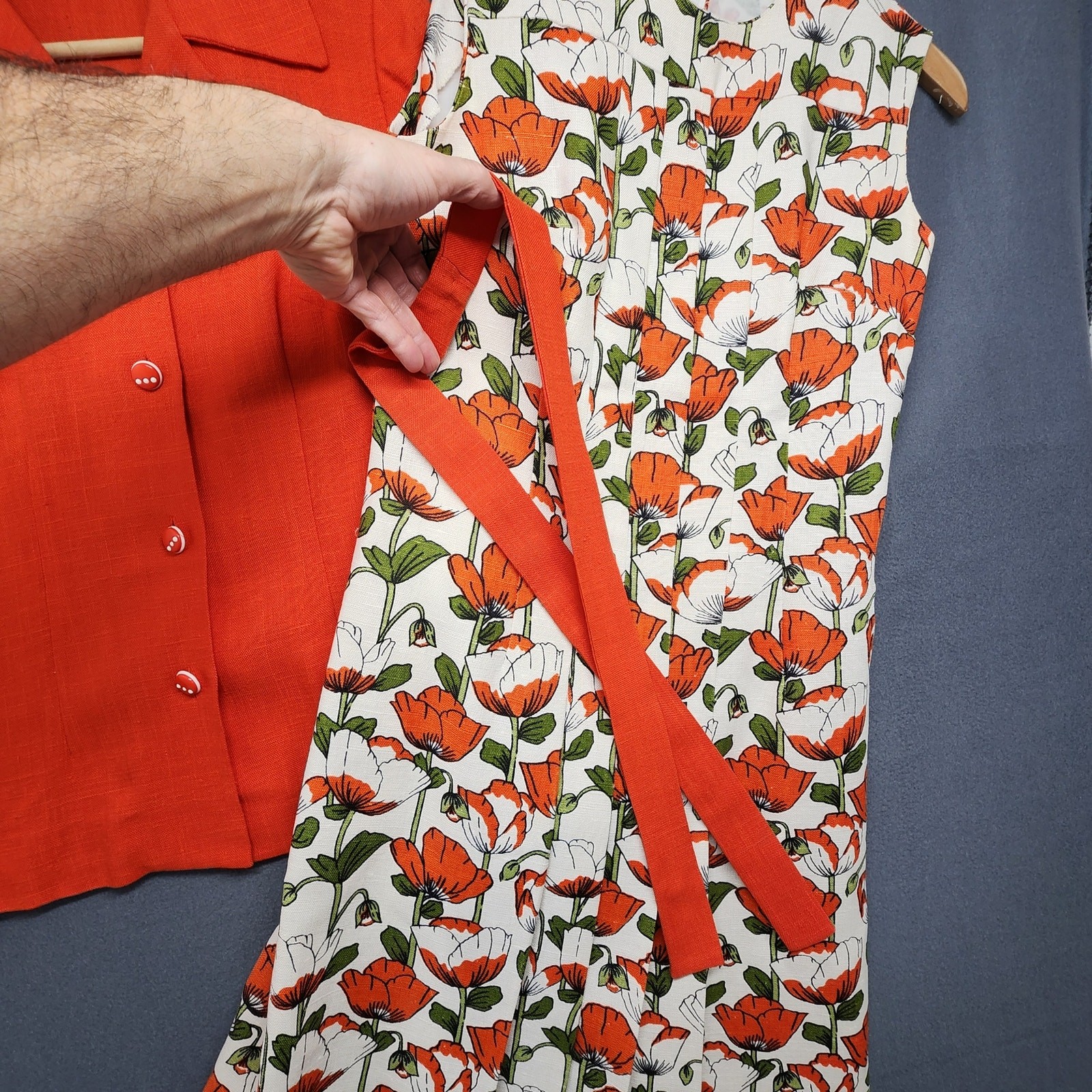Vtg 60s Handmade Womens 2 Piece Dress Top Set Orange Floral Mod Pleat Belt Twee