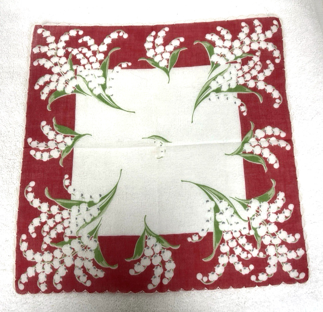 Vintage White Lily of the Valley Bell Flower Scalloped Edge Handkerchief Hankie