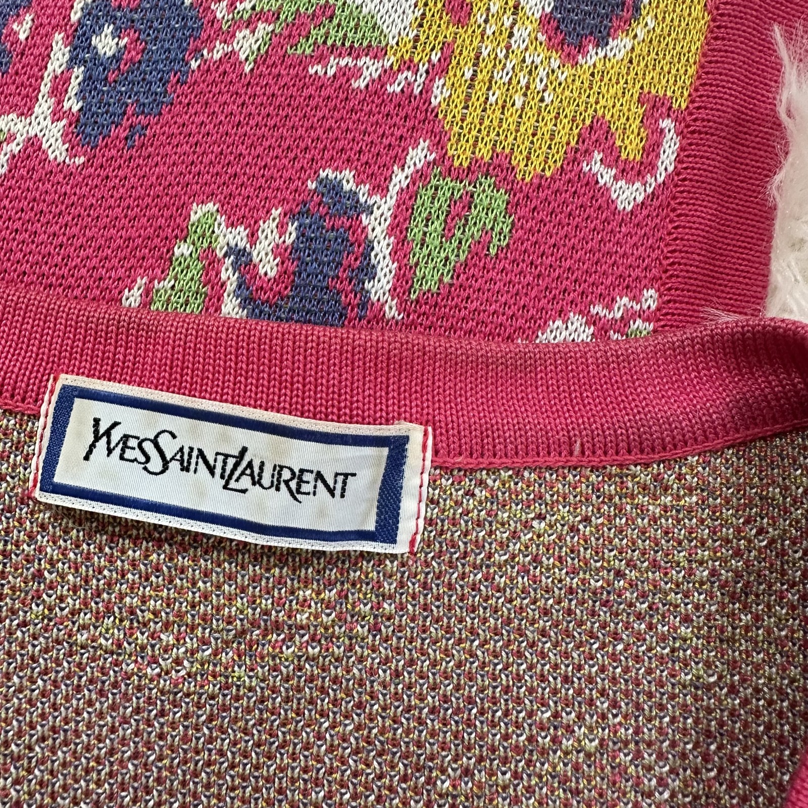 Vintage Yves Saint Laurent Paris Floral Knit Dress Cardigan Set Pink M