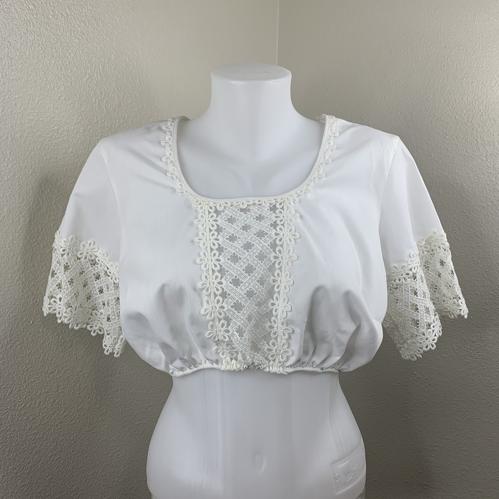 Vtg Dirndl Blouse Crop Top White Eyelet Sz 16 Made In USA