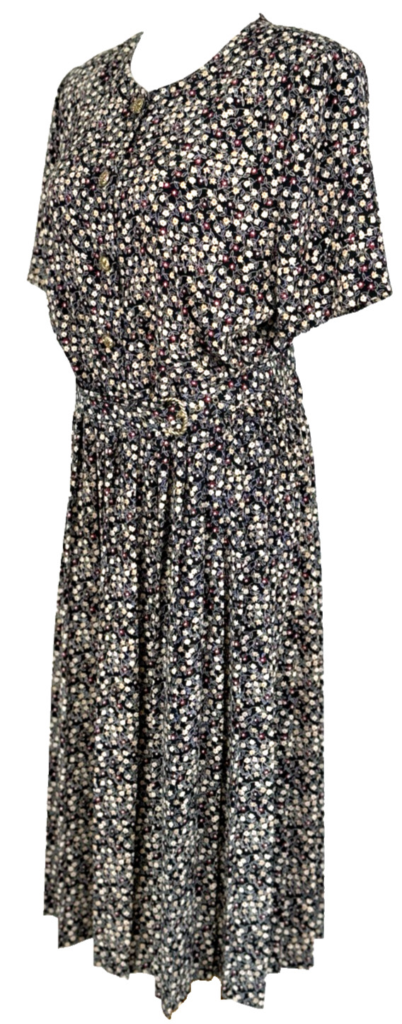 Leslie Fay Womans Size 14 Dress Floral Black Vintage Belted Midi Modest Classic