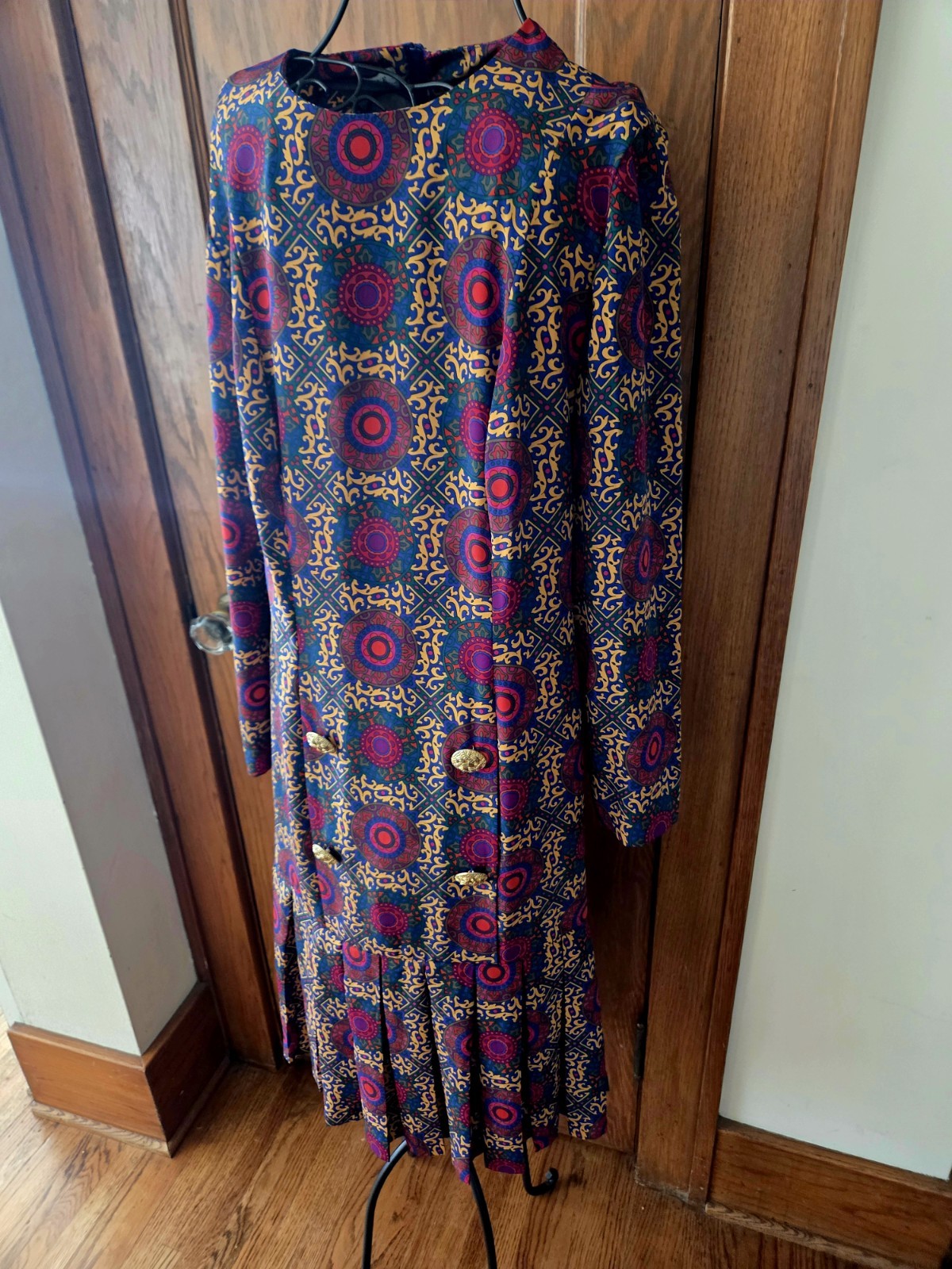 Leslie Fay Vintage 1980s Drop Waist Ruffle Geometric Polyester Satin Dress Sz 8