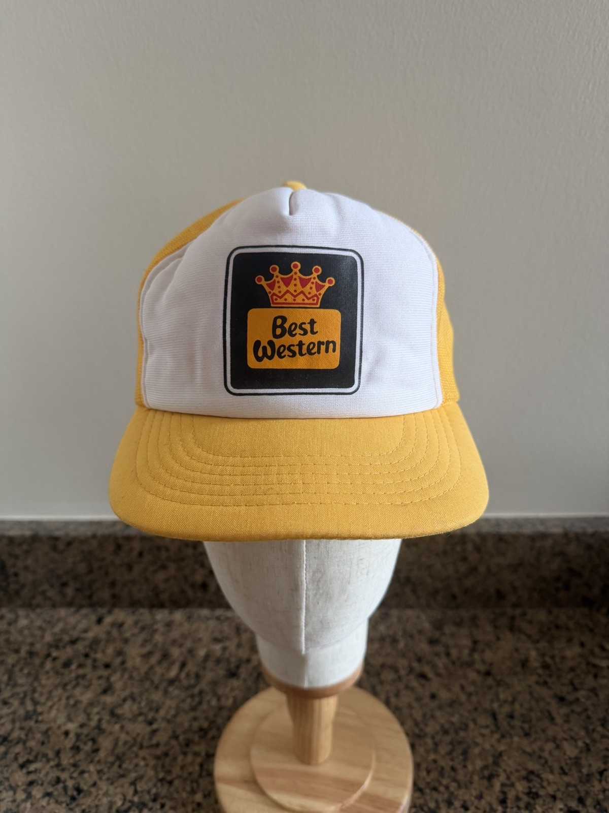 Vintage 70s 80s Best Western Crown Hotel Promo Mesh Trucker Hat Snapback Yellow