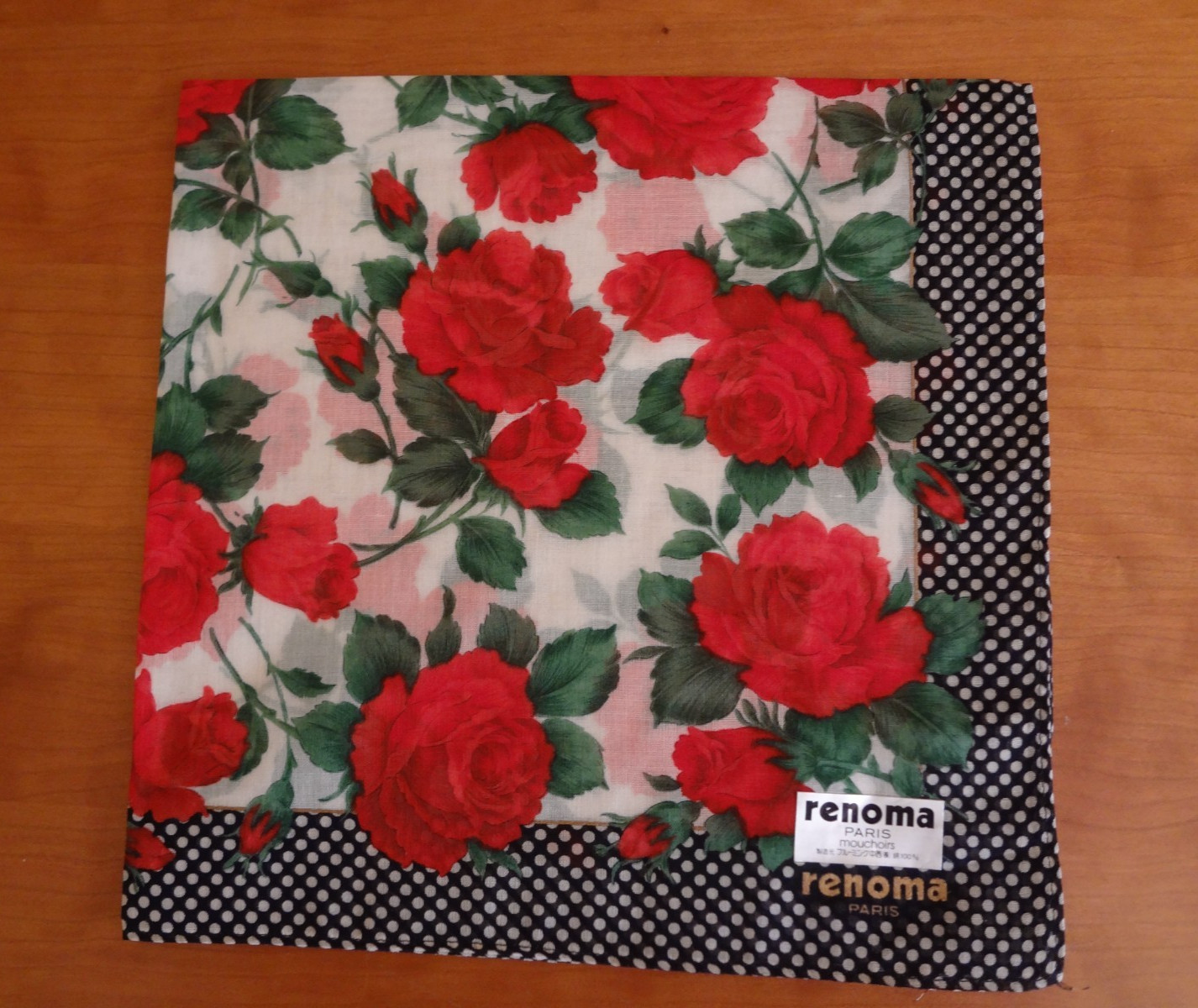Vintage New Renoma Paris Thin Cotton Red Rose Print Handkerchief Pocket Square